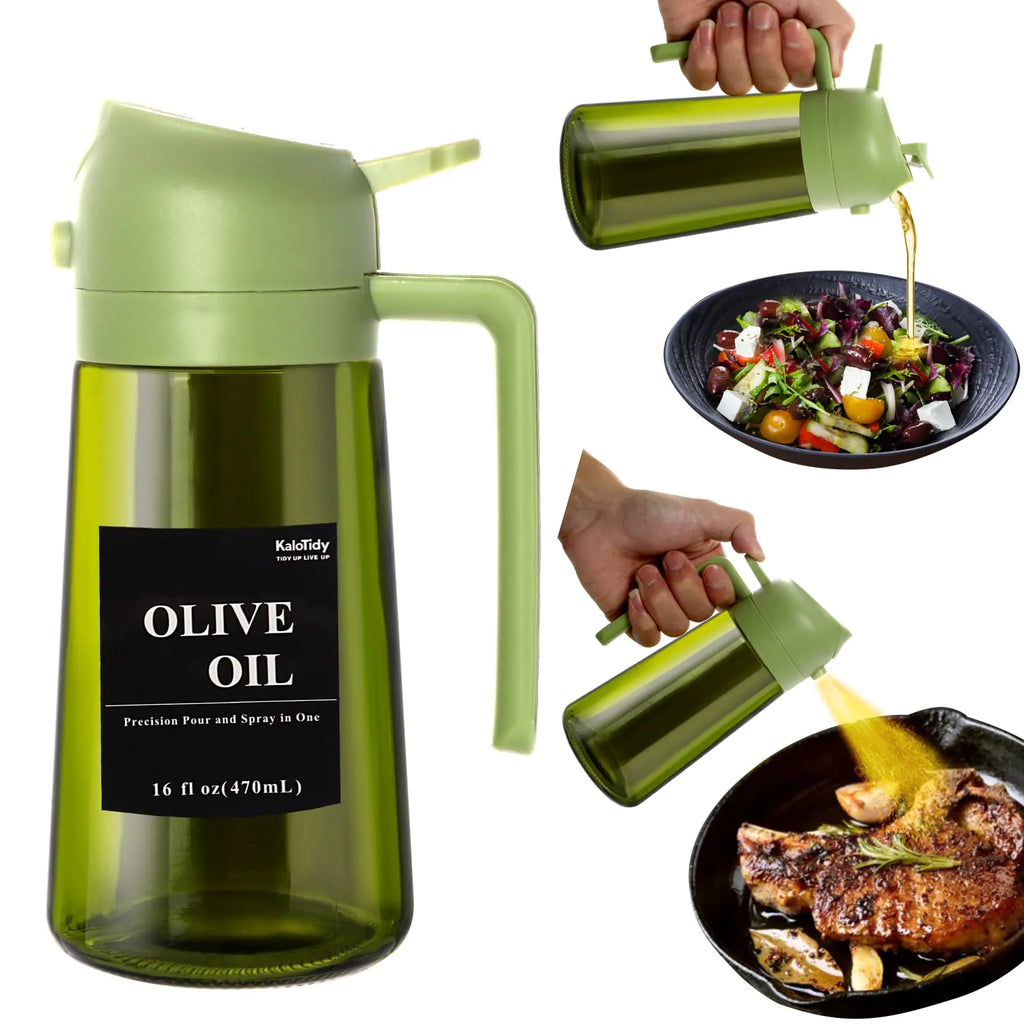 KaloTidy 16oz Olive Oil Dispenser for Kitchen 2 in 1 Olive Oil Dispenser and Oil Sprayer Oil Sprayer for Cooking Brown Lightproof Oil Dispenser with stickers (Green Bottle with Green Cap)