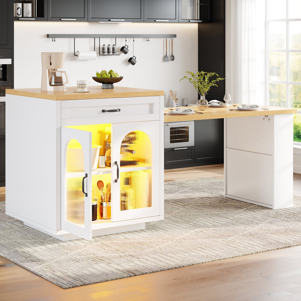 Extendable Kitchen Island With LED Lighting, Modern Storage Cabinet With 2 Drawers & Adjustable Shelves, Kitchen Sideboard With Fluted Glass Doors, MDF Kitchen Countertop For Dining Room - luna livingExtendable Kitchen Island With LED Lighting, Modern Storage Cabinet With 2 Drawers & Adjustable Shelves, Kitchen Sideboard With Fluted Glass Doors, MDF Kitchen Countertop For Dining Room
