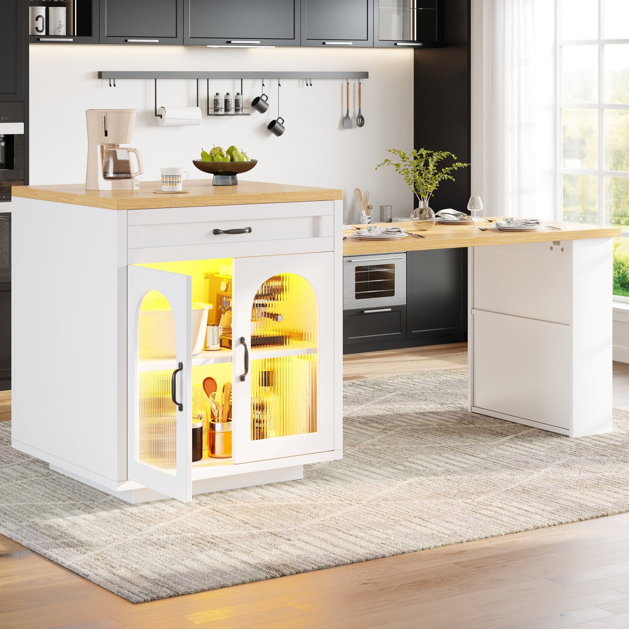 Extendable Kitchen Island With LED Lighting, Modern Storage Cabinet With 2 Drawers & Adjustable Shelves, Kitchen Sideboard With Fluted Glass Doors, MDF Kitchen Countertop For Dining Room - luna livingExtendable Kitchen Island With LED Lighting, Modern Storage Cabinet With 2 Drawers & Adjustable Shelves, Kitchen Sideboard With Fluted Glass Doors, MDF Kitchen Countertop For Dining Room