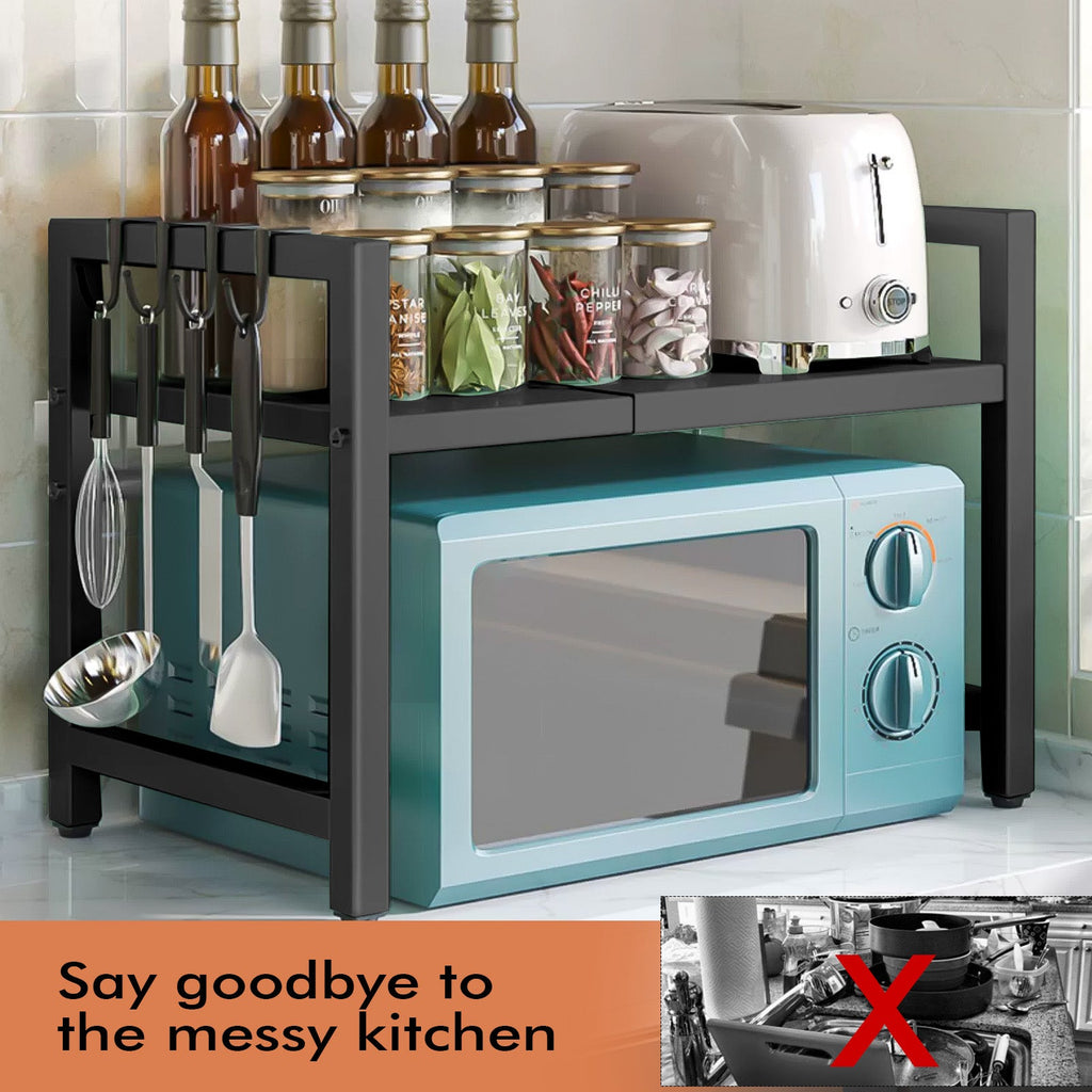 Black Single-layer Double Bar With 6 Hooks And Extendable Kitchen Storage Rack - luna livingBlack Single-layer Double Bar With 6 Hooks And Extendable Kitchen Storage Rack