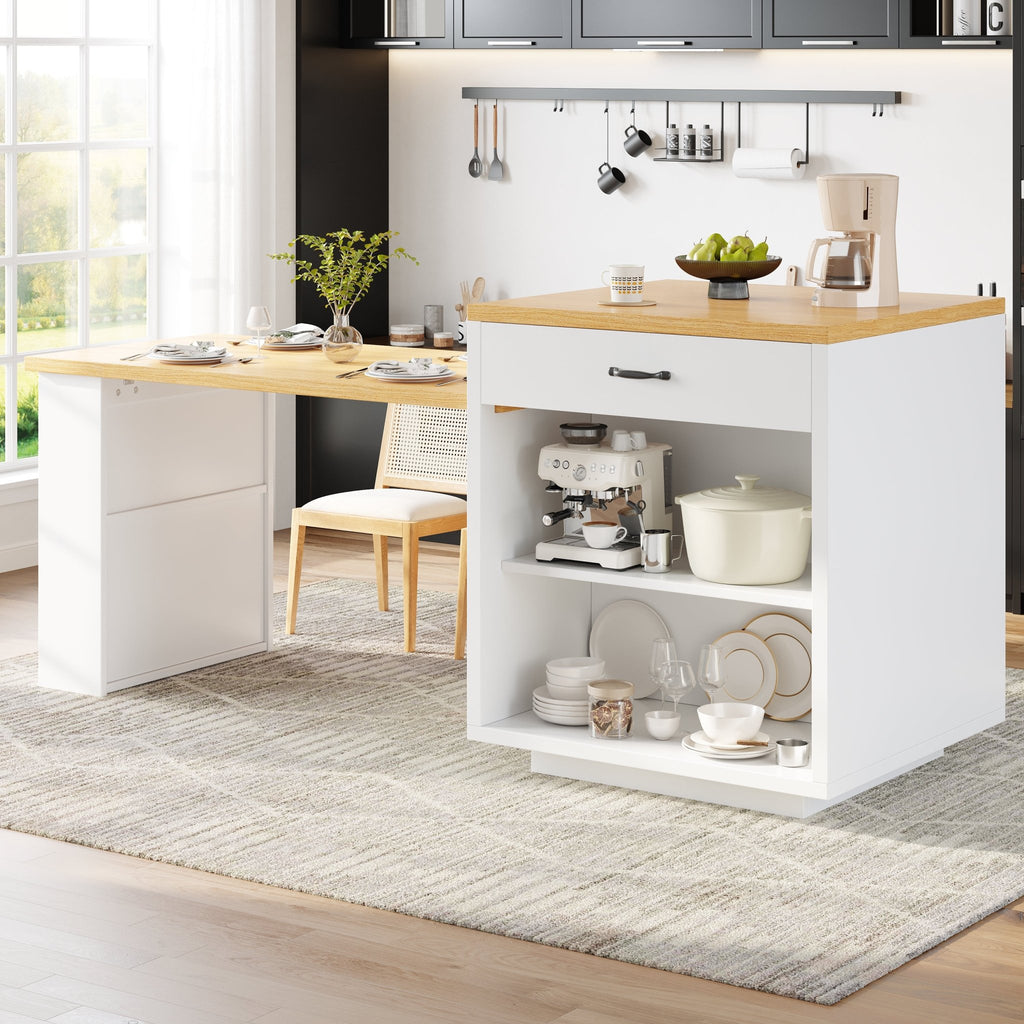 Extendable Kitchen Island With LED Lighting, Modern Storage Cabinet With 2 Drawers & Adjustable Shelves, Kitchen Sideboard With Fluted Glass Doors, MDF Kitchen Countertop For Dining Room - luna livingExtendable Kitchen Island With LED Lighting, Modern Storage Cabinet With 2 Drawers & Adjustable Shelves, Kitchen Sideboard With Fluted Glass Doors, MDF Kitchen Countertop For Dining Room
