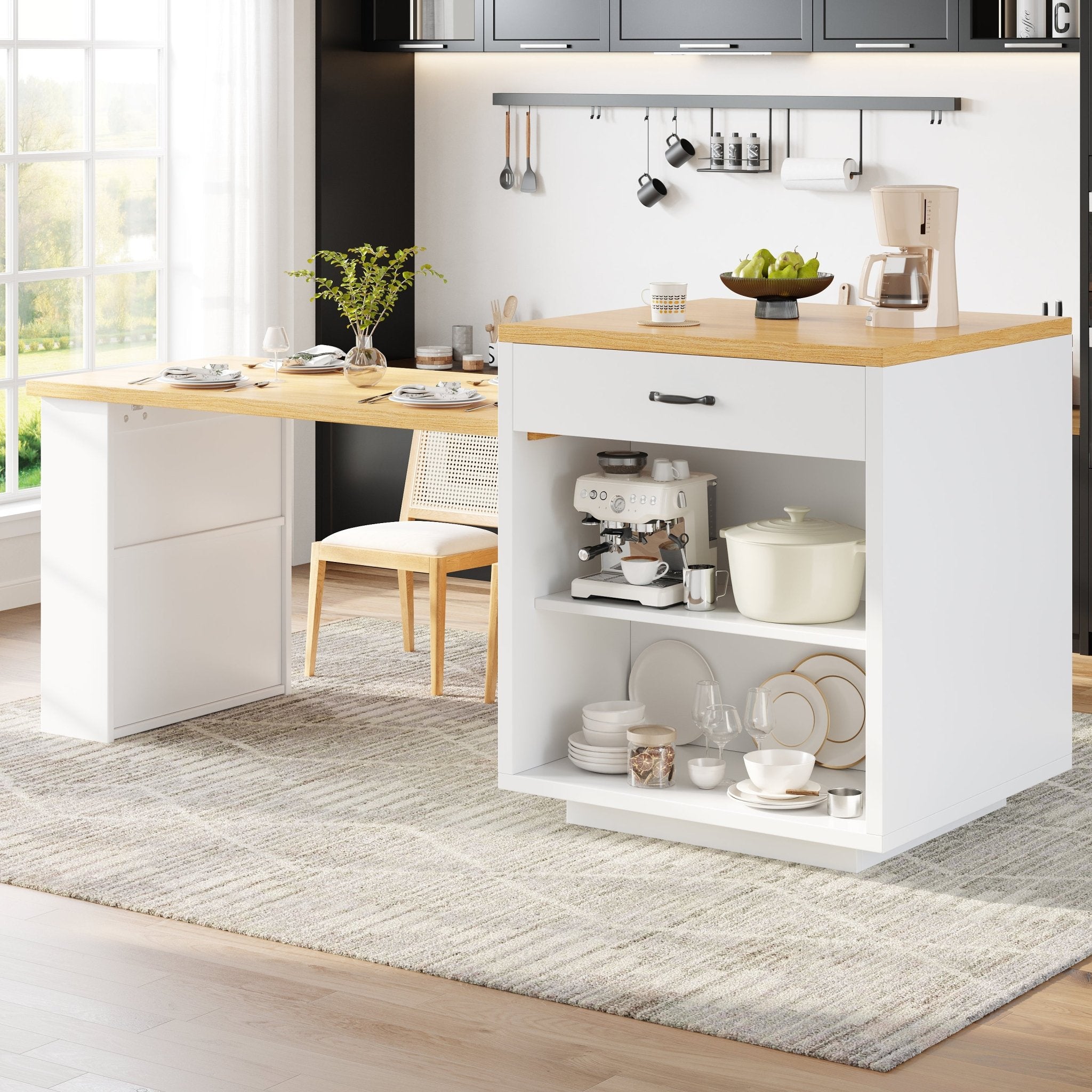 Extendable Kitchen Island With LED Lighting, Modern Storage Cabinet With 2 Drawers & Adjustable Shelves, Kitchen Sideboard With Fluted Glass Doors, MDF Kitchen Countertop For Dining Room - luna livingExtendable Kitchen Island With LED Lighting, Modern Storage Cabinet With 2 Drawers & Adjustable Shelves, Kitchen Sideboard With Fluted Glass Doors, MDF Kitchen Countertop For Dining Room