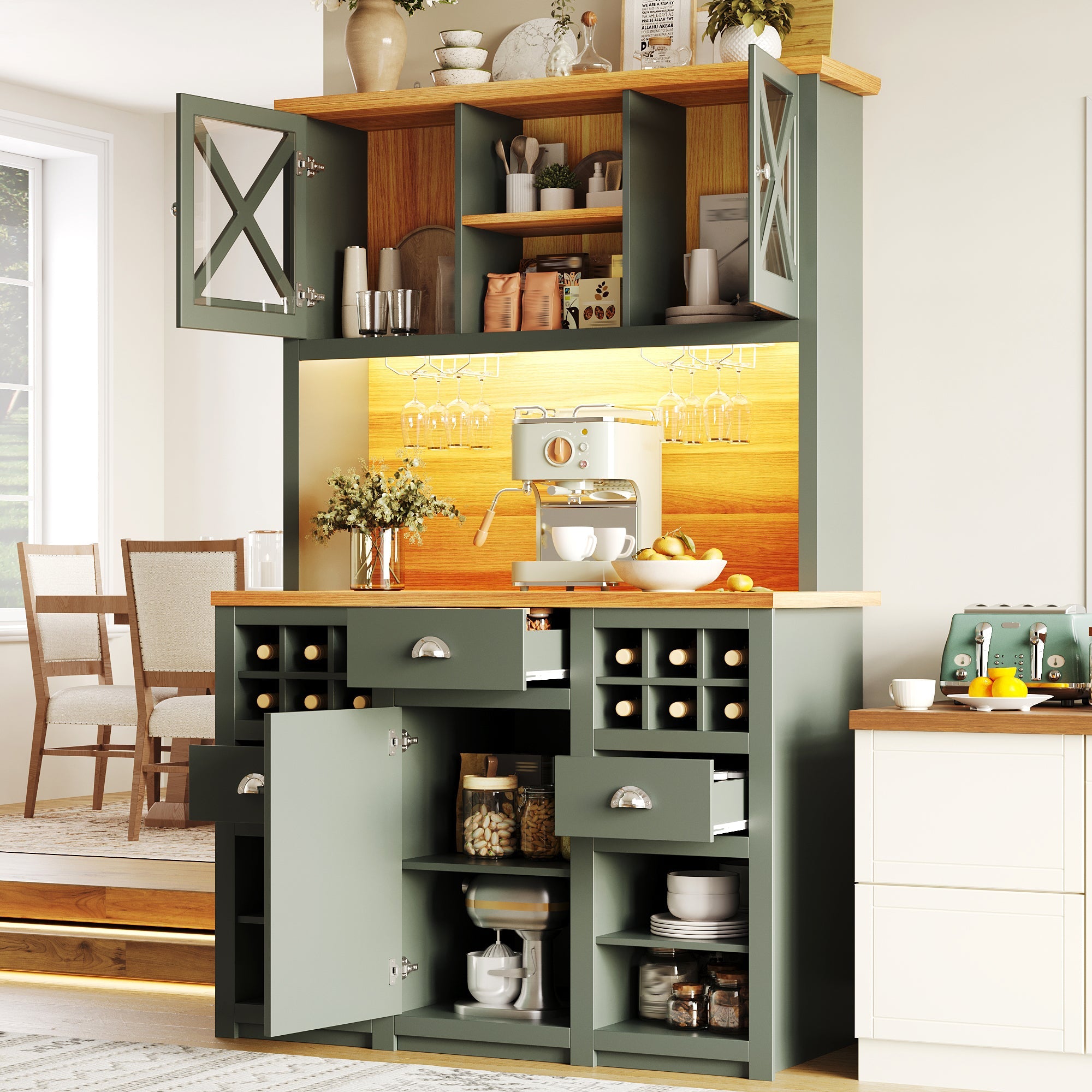 Kitchen Cabinets 120 X 45 X 188 Cm, Tall Kitchen Cabinets, Sideboards, Kitchen Cabinets With Glass Doors And LED Lighting, Side Cabinet With Wine Rack, Adjustable Shelves, Green - luna livingKitchen Cabinets 120 X 45 X 188 Cm, Tall Kitchen Cabinets, Sideboards, Kitchen Cabinets With Glass Doors And LED Lighting, Side Cabinet With Wine Rack, Adjustable Shelves, Green