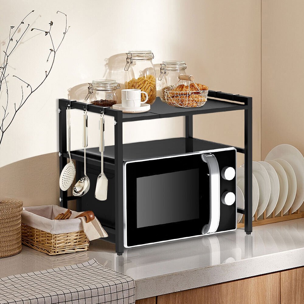 Black Single-layer Double Bar With 6 Hooks And Extendable Kitchen Storage Rack - luna livingBlack Single-layer Double Bar With 6 Hooks And Extendable Kitchen Storage Rack