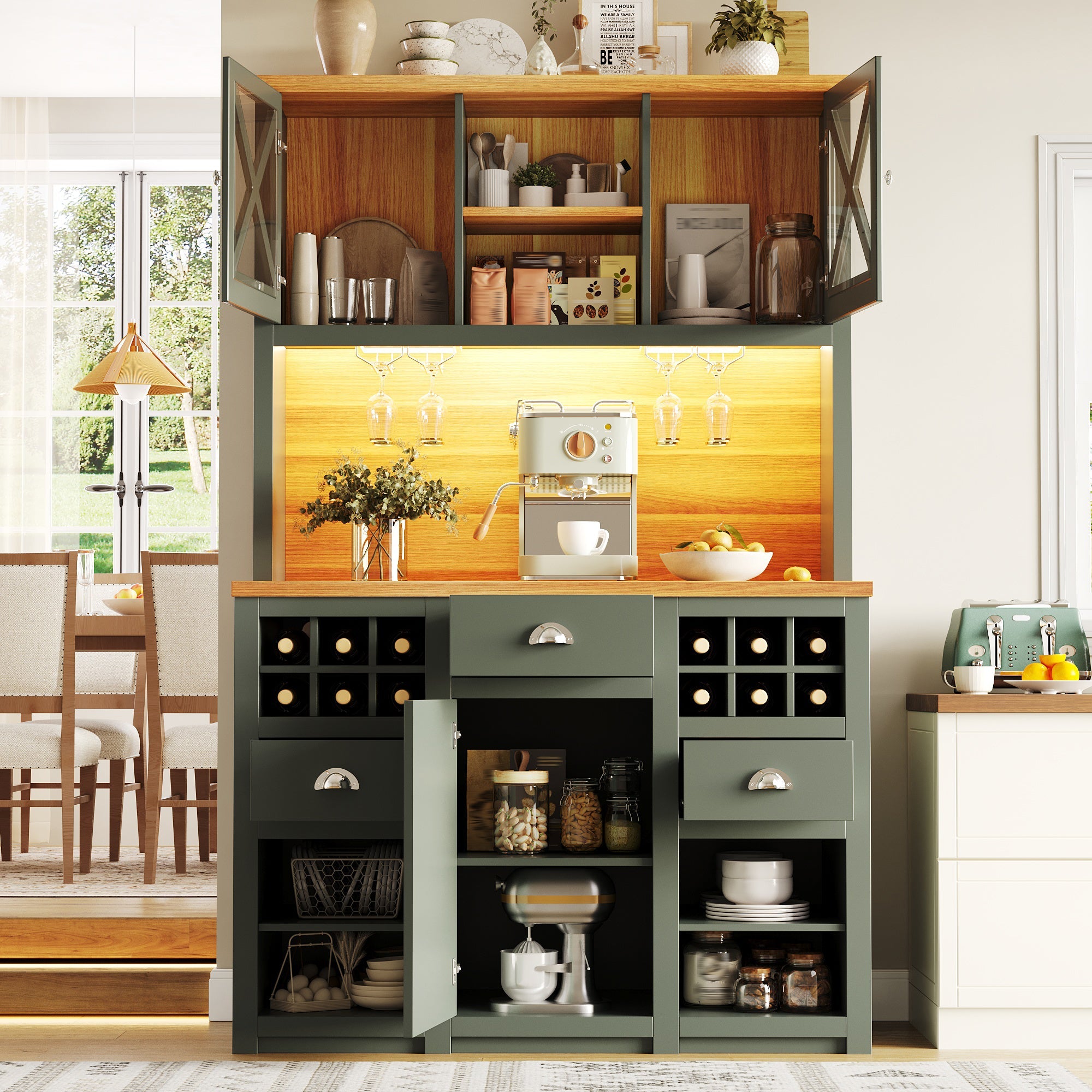 Kitchen Cabinets 120 X 45 X 188 Cm, Tall Kitchen Cabinets, Sideboards, Kitchen Cabinets With Glass Doors And LED Lighting, Side Cabinet With Wine Rack, Adjustable Shelves, Green - luna livingKitchen Cabinets 120 X 45 X 188 Cm, Tall Kitchen Cabinets, Sideboards, Kitchen Cabinets With Glass Doors And LED Lighting, Side Cabinet With Wine Rack, Adjustable Shelves, Green