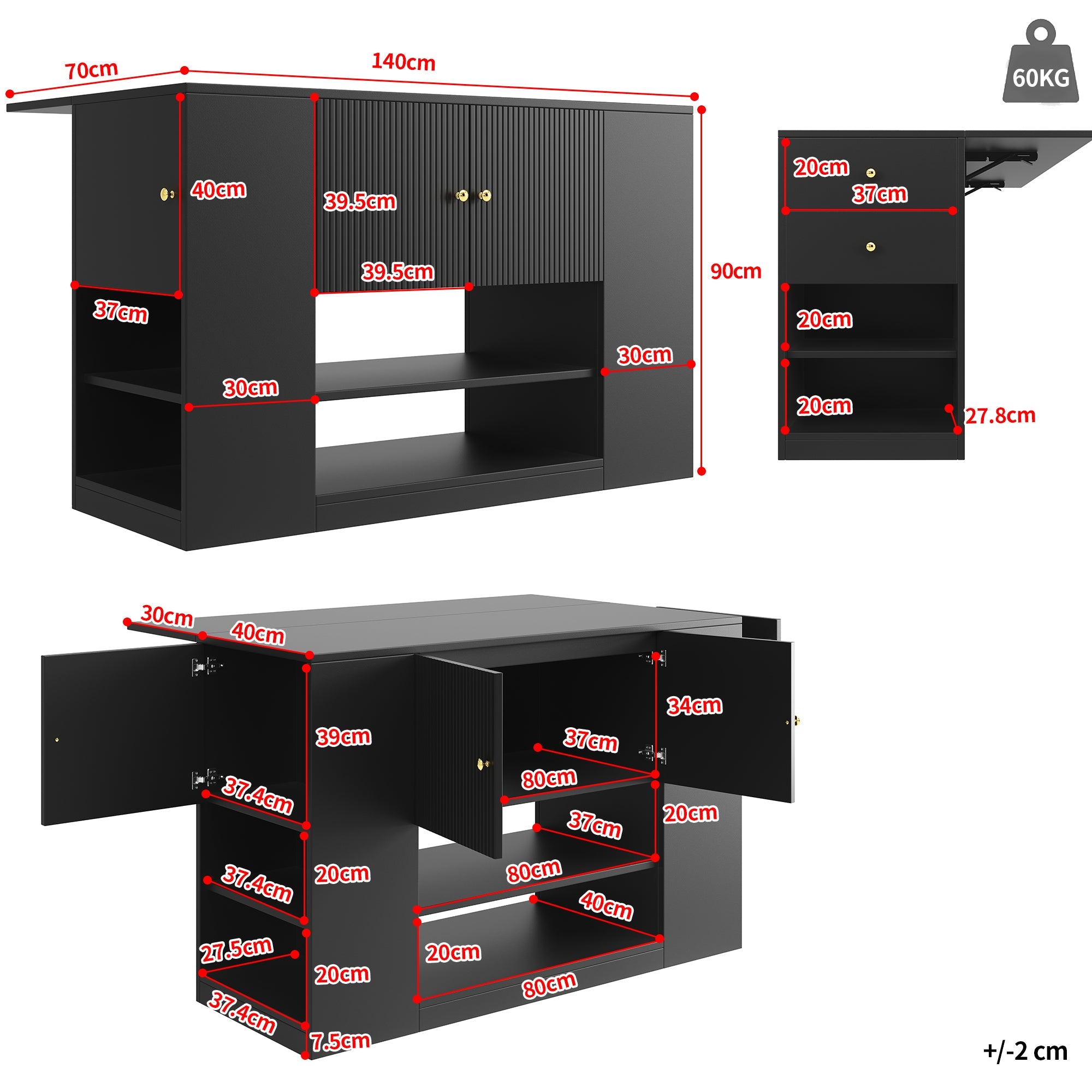 Modern Kitchen Island, Sideboard, Kitchen Cabinet With Drawers And Shelves, Sideboard For Kitchen & Dining Room, Black - luna livingModern Kitchen Island, Sideboard, Kitchen Cabinet With Drawers And Shelves, Sideboard For Kitchen & Dining Room, Black