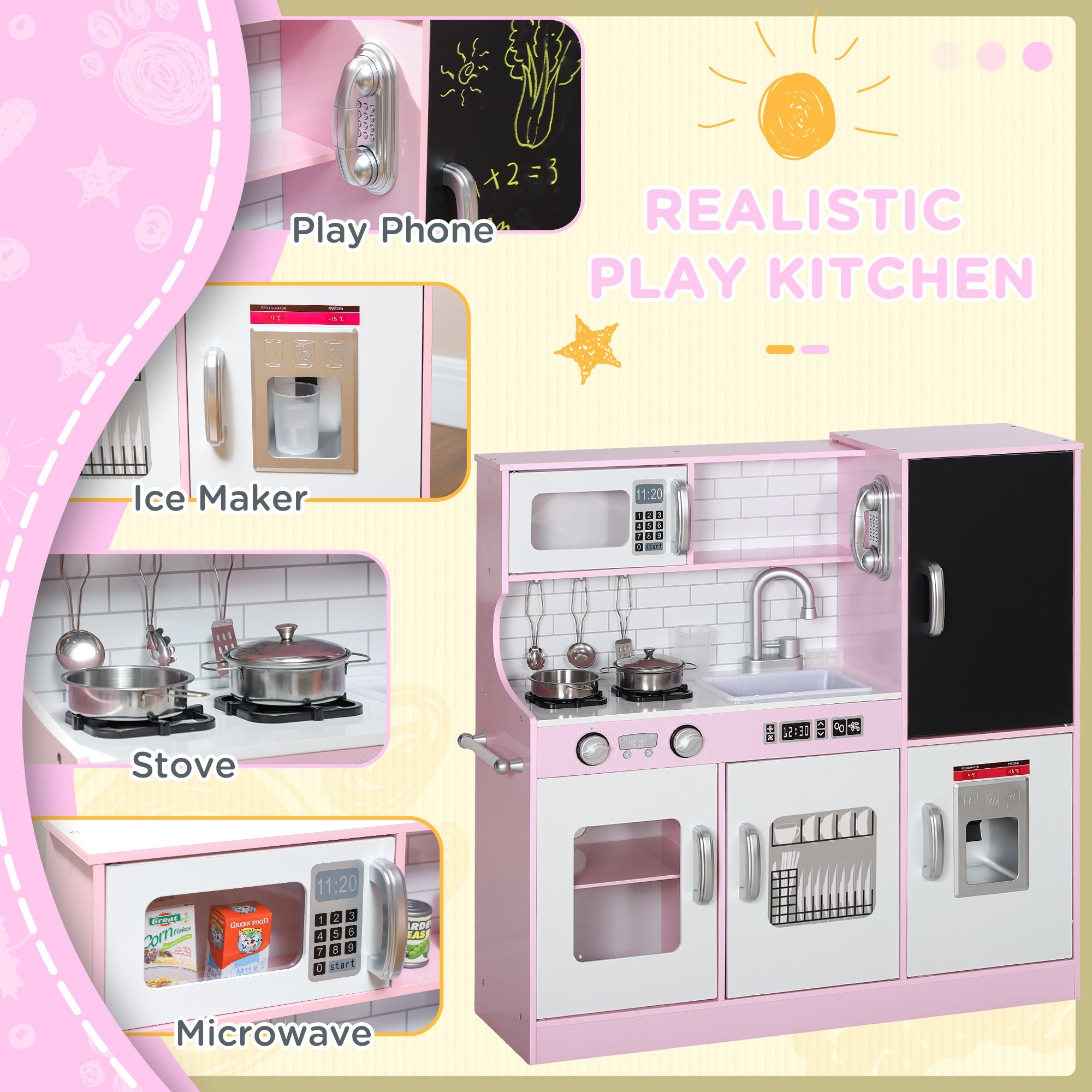 Pretend Play Kitchen, Kids Kitchen Playset W Toy Phone, Chalkboard, Microwave, Cooking Stove, Sink - luna livingPretend Play Kitchen, Kids Kitchen Playset W Toy Phone, Chalkboard, Microwave, Cooking Stove, Sink