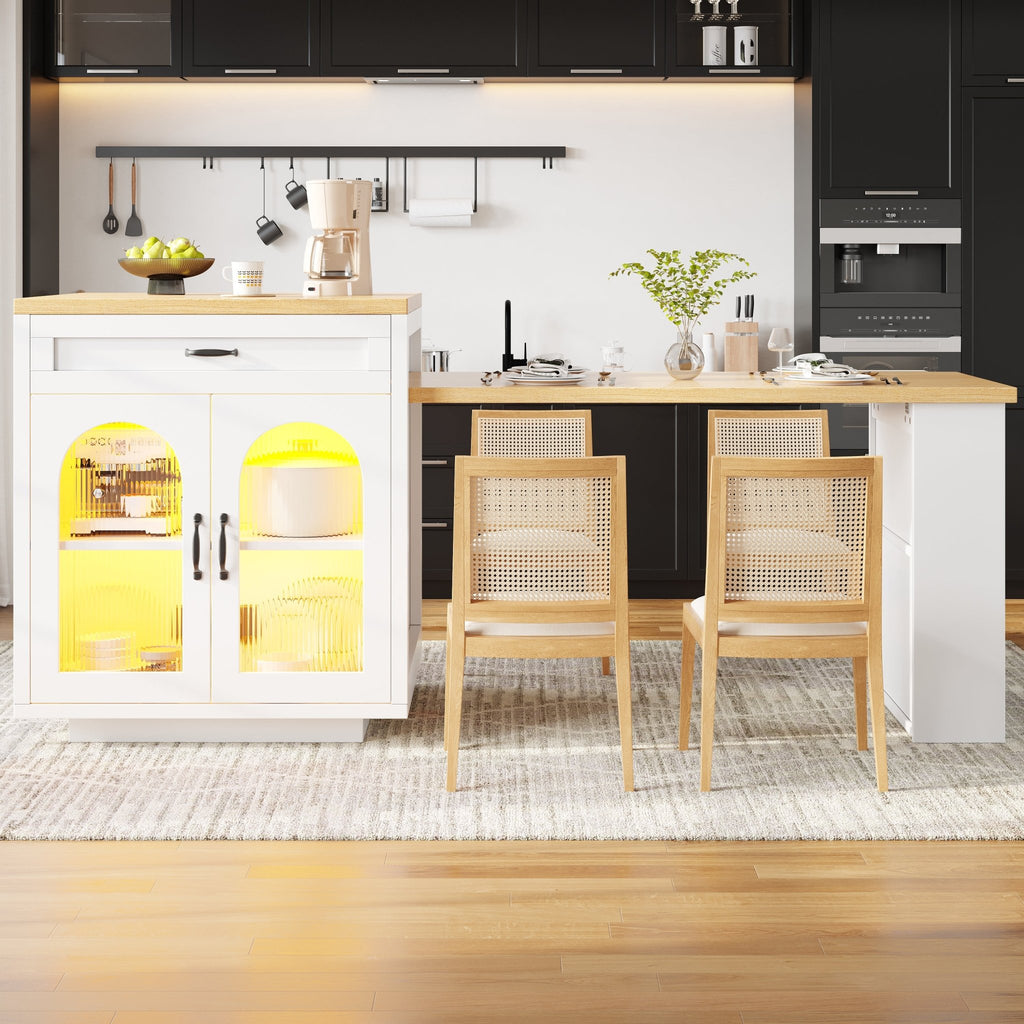 Extendable Kitchen Island With LED Lighting, Modern Storage Cabinet With 2 Drawers & Adjustable Shelves, Kitchen Sideboard With Fluted Glass Doors, MDF Kitchen Countertop For Dining Room - luna livingExtendable Kitchen Island With LED Lighting, Modern Storage Cabinet With 2 Drawers & Adjustable Shelves, Kitchen Sideboard With Fluted Glass Doors, MDF Kitchen Countertop For Dining Room
