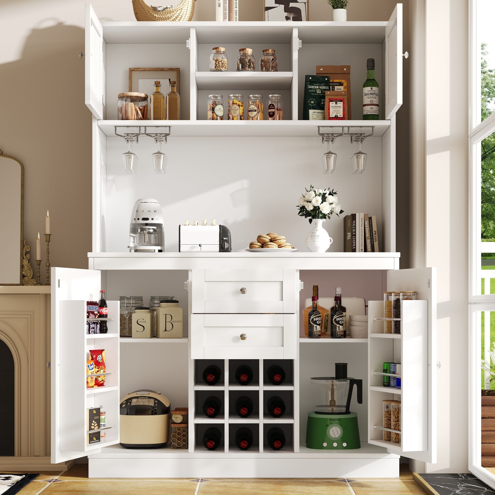 Kitchen Cabinet With Adjustable Shelves & Wine Rack, Tall Kitchen Cabinet With 4 Doors & 2 Drawers, Sideboard For Kitchen & Living Room, Buffet Cabinet, White Balck - luna livingKitchen Cabinet With Adjustable Shelves & Wine Rack, Tall Kitchen Cabinet With 4 Doors & 2 Drawers, Sideboard For Kitchen & Living Room, Buffet Cabinet, White Balck