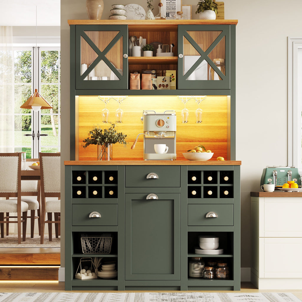 Kitchen Cabinets 120 X 45 X 188 Cm, Tall Kitchen Cabinets, Sideboards, Kitchen Cabinets With Glass Doors And LED Lighting, Side Cabinet With Wine Rack, Adjustable Shelves, Green - luna livingKitchen Cabinets 120 X 45 X 188 Cm, Tall Kitchen Cabinets, Sideboards, Kitchen Cabinets With Glass Doors And LED Lighting, Side Cabinet With Wine Rack, Adjustable Shelves, Green