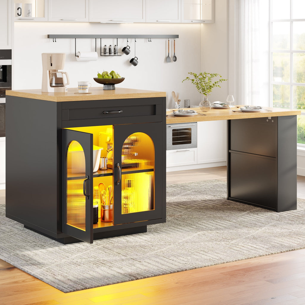 Extendable Kitchen Island With LED Lighting, Modern Storage Cabinet With 2 Drawers & Adjustable Shelves, Kitchen Sideboard With Fluted Glass Doors, MDF Kitchen Countertop For Dining Room - luna livingExtendable Kitchen Island With LED Lighting, Modern Storage Cabinet With 2 Drawers & Adjustable Shelves, Kitchen Sideboard With Fluted Glass Doors, MDF Kitchen Countertop For Dining Room