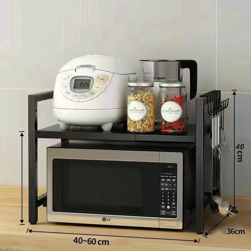 Black Single-layer Double Bar With 6 Hooks And Extendable Kitchen Storage Rack - luna livingBlack Single-layer Double Bar With 6 Hooks And Extendable Kitchen Storage Rack