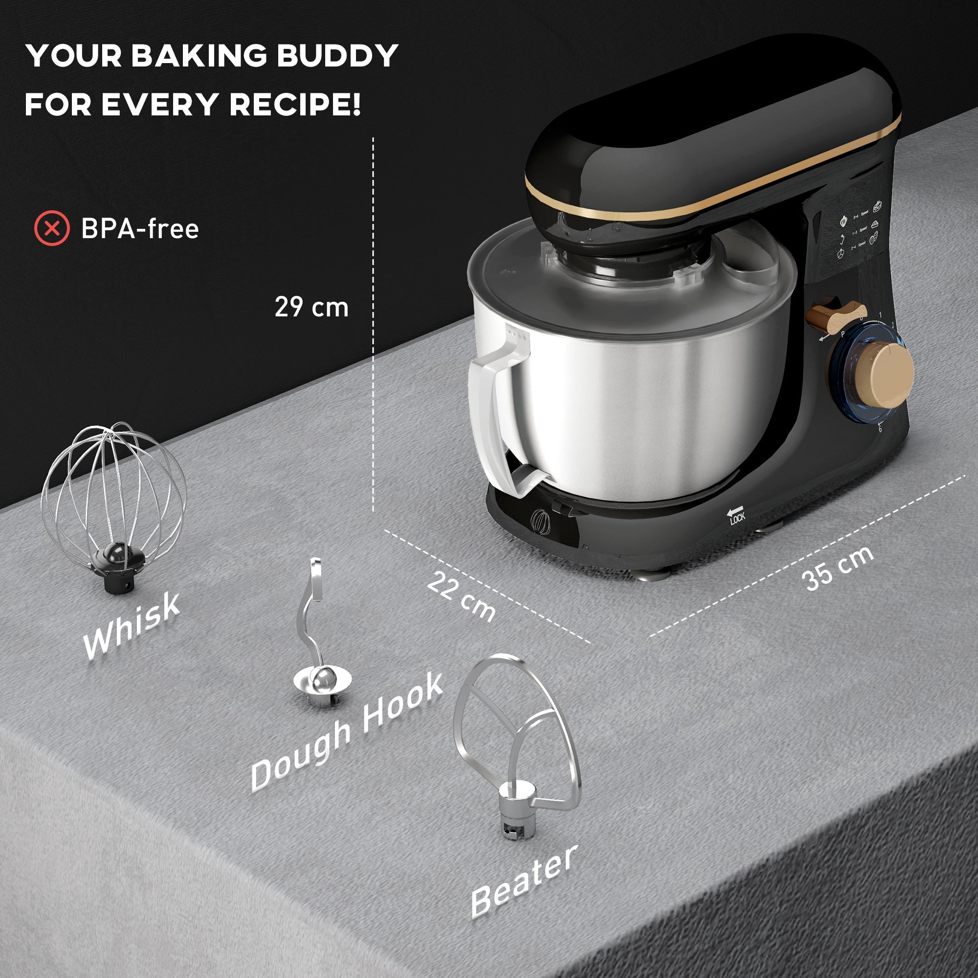 1300W Kitchen Stand Mixer, With Accessories - Black - luna living1300W Kitchen Stand Mixer, With Accessories - Black