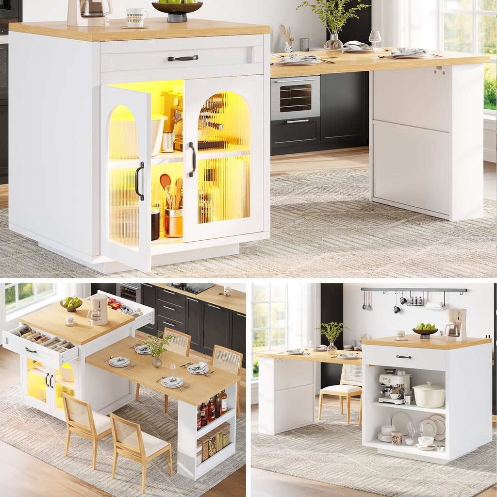 Extendable Kitchen Island With LED Lighting, Modern Storage Cabinet With 2 Drawers & Adjustable Shelves, Kitchen Sideboard With Fluted Glass Doors, MDF Kitchen Countertop For Dining Room - luna livingExtendable Kitchen Island With LED Lighting, Modern Storage Cabinet With 2 Drawers & Adjustable Shelves, Kitchen Sideboard With Fluted Glass Doors, MDF Kitchen Countertop For Dining Room
