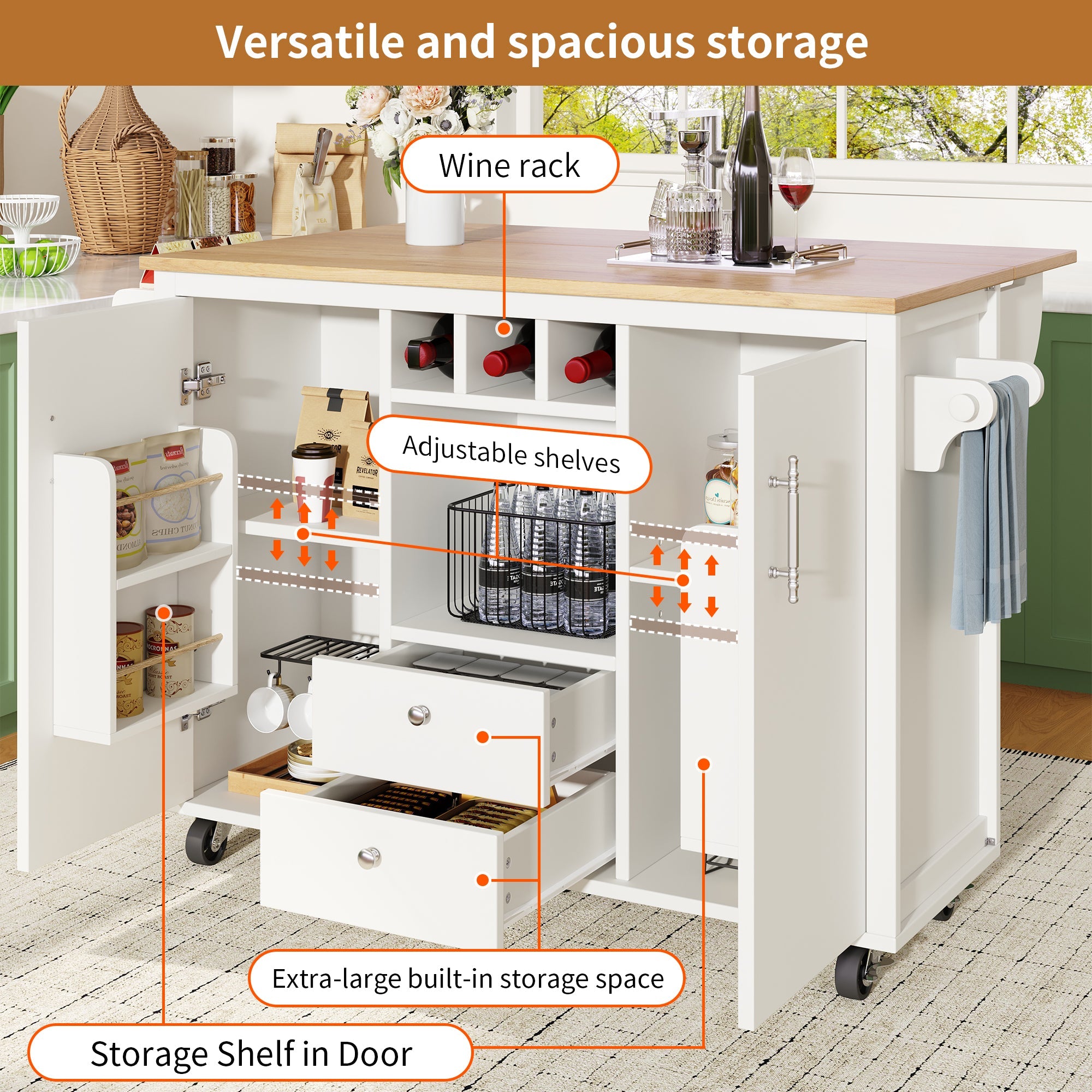 Kitchen Cart, Buffet Cabinet, Kitchen Trolley With Folding Worktop, Kitchen Island With Towel Rack And Spice Rack, Wine Rack And Adjustable Shelves, White - luna livingKitchen Cart, Buffet Cabinet, Kitchen Trolley With Folding Worktop, Kitchen Island With Towel Rack And Spice Rack, Wine Rack And Adjustable Shelves, White