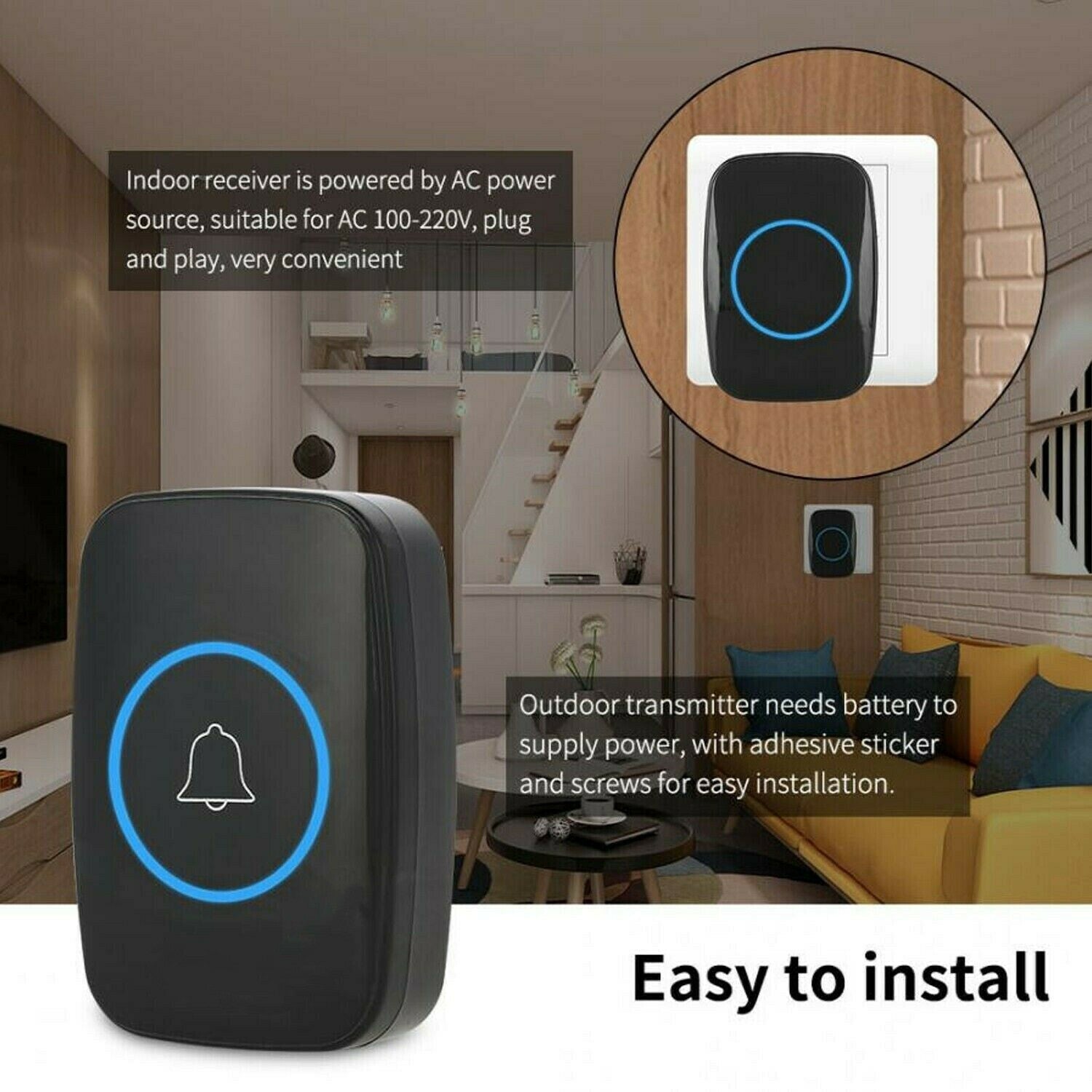 Wireless Doorbell Waterproof Range Door Bells Kit Cordless Plug-in Home Office - luna livingWireless Doorbell Waterproof Range Door Bells Kit Cordless Plug-in Home Office