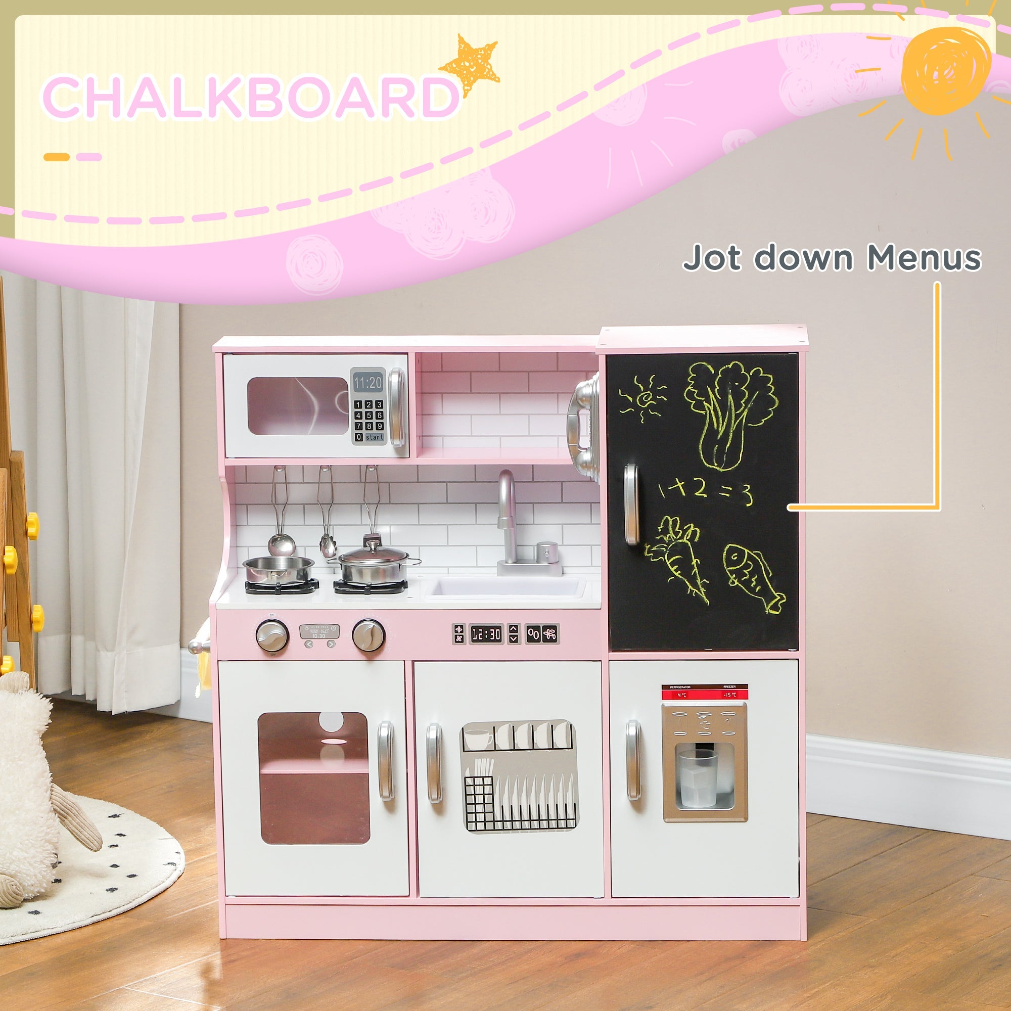 Pretend Play Kitchen, Kids Kitchen Playset W Toy Phone, Chalkboard, Microwave, Cooking Stove, Sink - luna livingPretend Play Kitchen, Kids Kitchen Playset W Toy Phone, Chalkboard, Microwave, Cooking Stove, Sink
