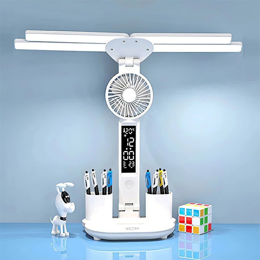 4-Head LED Desk Reading Lamp With Fan Clock Dimmable Rechargeable Touch Light - luna living4-Head LED Desk Reading Lamp With Fan Clock Dimmable Rechargeable Touch Light