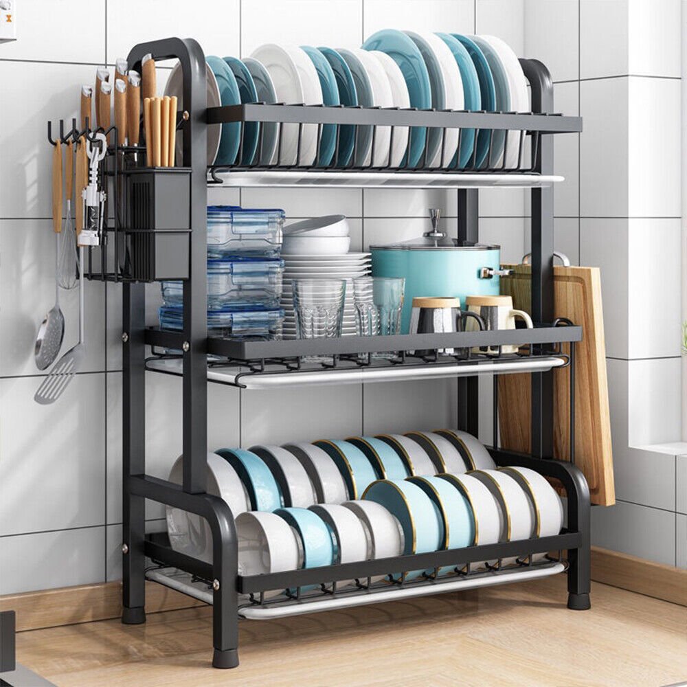 3 Tier Dish Drainer Rack With Drip Tray Cutlery Holder Plate Rack Kitchen Sink - luna living3 Tier Dish Drainer Rack With Drip Tray Cutlery Holder Plate Rack Kitchen Sink