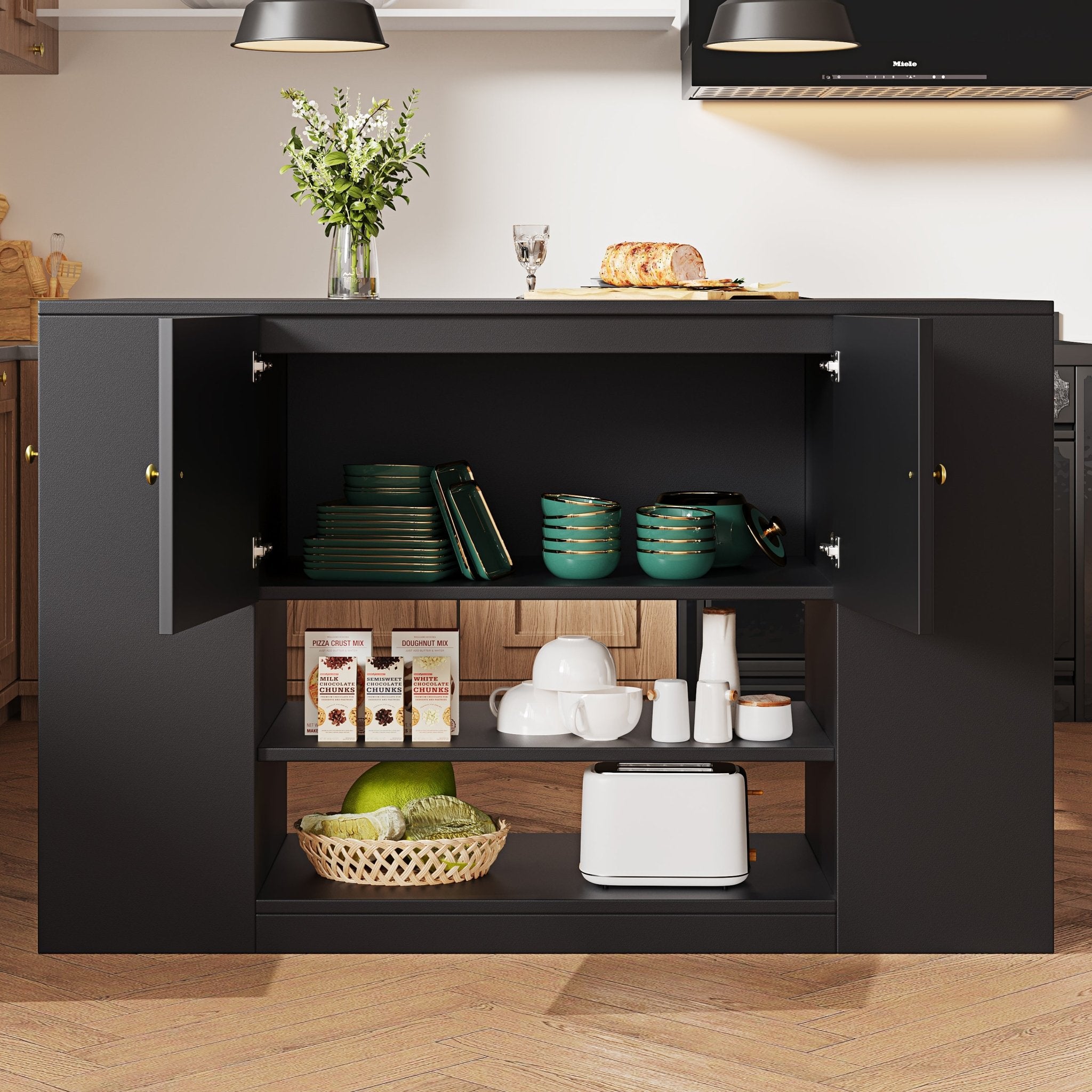 Modern Kitchen Island, Sideboard, Kitchen Cabinet With Drawers And Shelves, Sideboard For Kitchen & Dining Room, Black - luna livingModern Kitchen Island, Sideboard, Kitchen Cabinet With Drawers And Shelves, Sideboard For Kitchen & Dining Room, Black