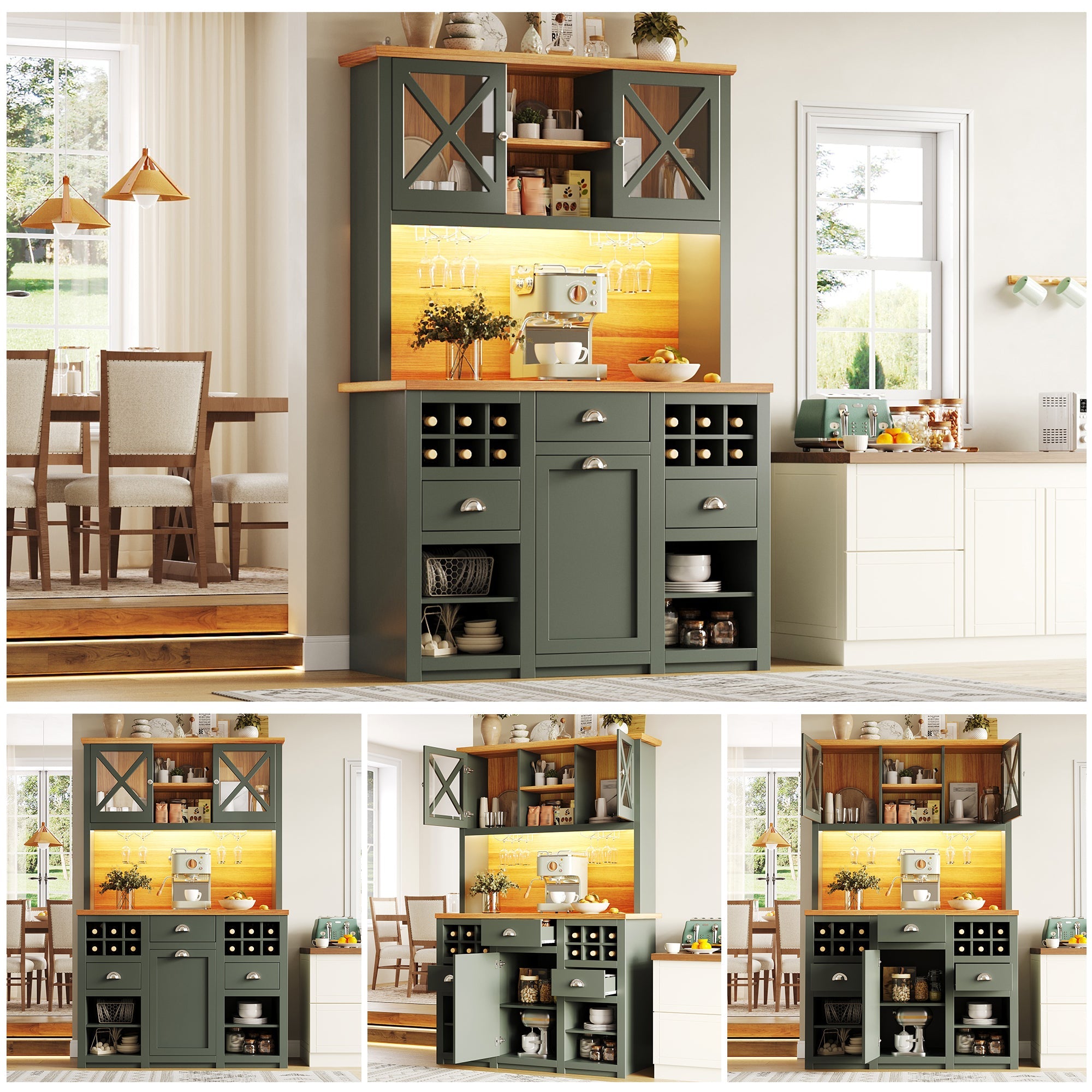 Kitchen Cabinets 120 X 45 X 188 Cm, Tall Kitchen Cabinets, Sideboards, Kitchen Cabinets With Glass Doors And LED Lighting, Side Cabinet With Wine Rack, Adjustable Shelves, Green - luna livingKitchen Cabinets 120 X 45 X 188 Cm, Tall Kitchen Cabinets, Sideboards, Kitchen Cabinets With Glass Doors And LED Lighting, Side Cabinet With Wine Rack, Adjustable Shelves, Green