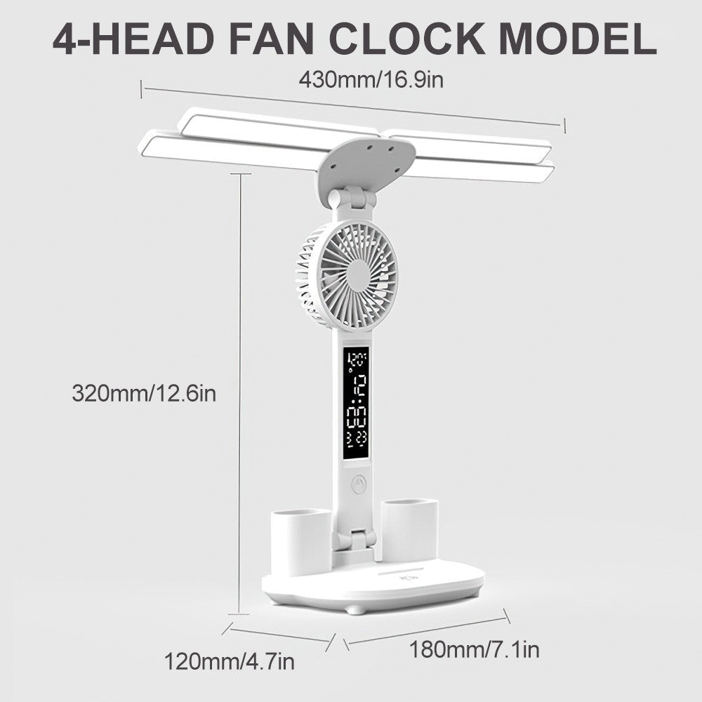 4-Head LED Desk Reading Lamp With Fan Clock Dimmable Rechargeable Touch Light - luna living4-Head LED Desk Reading Lamp With Fan Clock Dimmable Rechargeable Touch Light