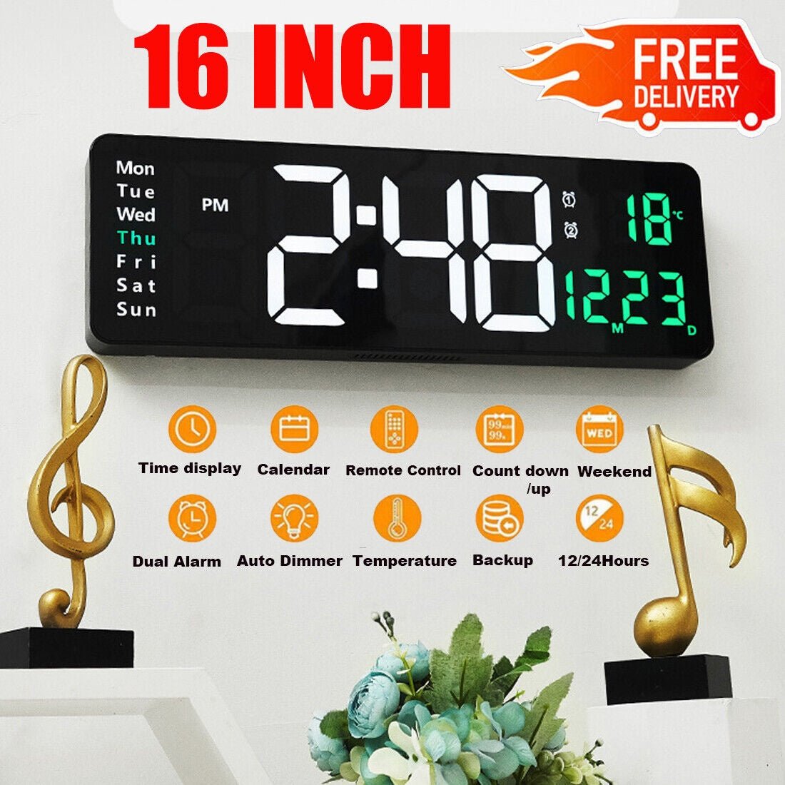 UK 16-inch LED Digital Clock With Battery - luna livingUK 16-inch LED Digital Clock With Battery