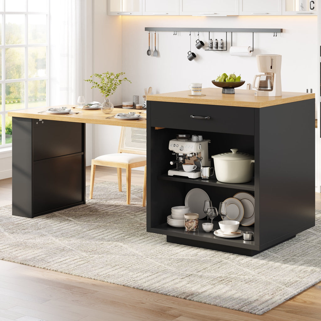 Extendable Kitchen Island With LED Lighting, Modern Storage Cabinet With 2 Drawers & Adjustable Shelves, Kitchen Sideboard With Fluted Glass Doors, MDF Kitchen Countertop For Dining Room - luna livingExtendable Kitchen Island With LED Lighting, Modern Storage Cabinet With 2 Drawers & Adjustable Shelves, Kitchen Sideboard With Fluted Glass Doors, MDF Kitchen Countertop For Dining Room