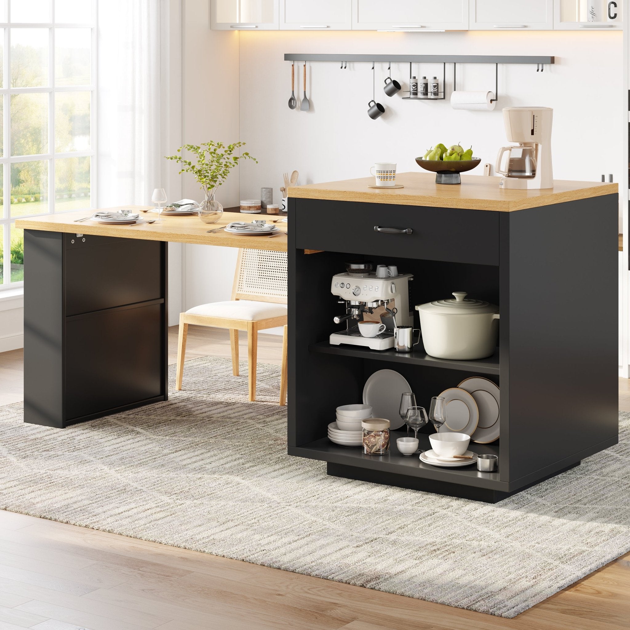 Extendable Kitchen Island With LED Lighting, Modern Storage Cabinet With 2 Drawers & Adjustable Shelves, Kitchen Sideboard With Fluted Glass Doors, MDF Kitchen Countertop For Dining Room - luna livingExtendable Kitchen Island With LED Lighting, Modern Storage Cabinet With 2 Drawers & Adjustable Shelves, Kitchen Sideboard With Fluted Glass Doors, MDF Kitchen Countertop For Dining Room