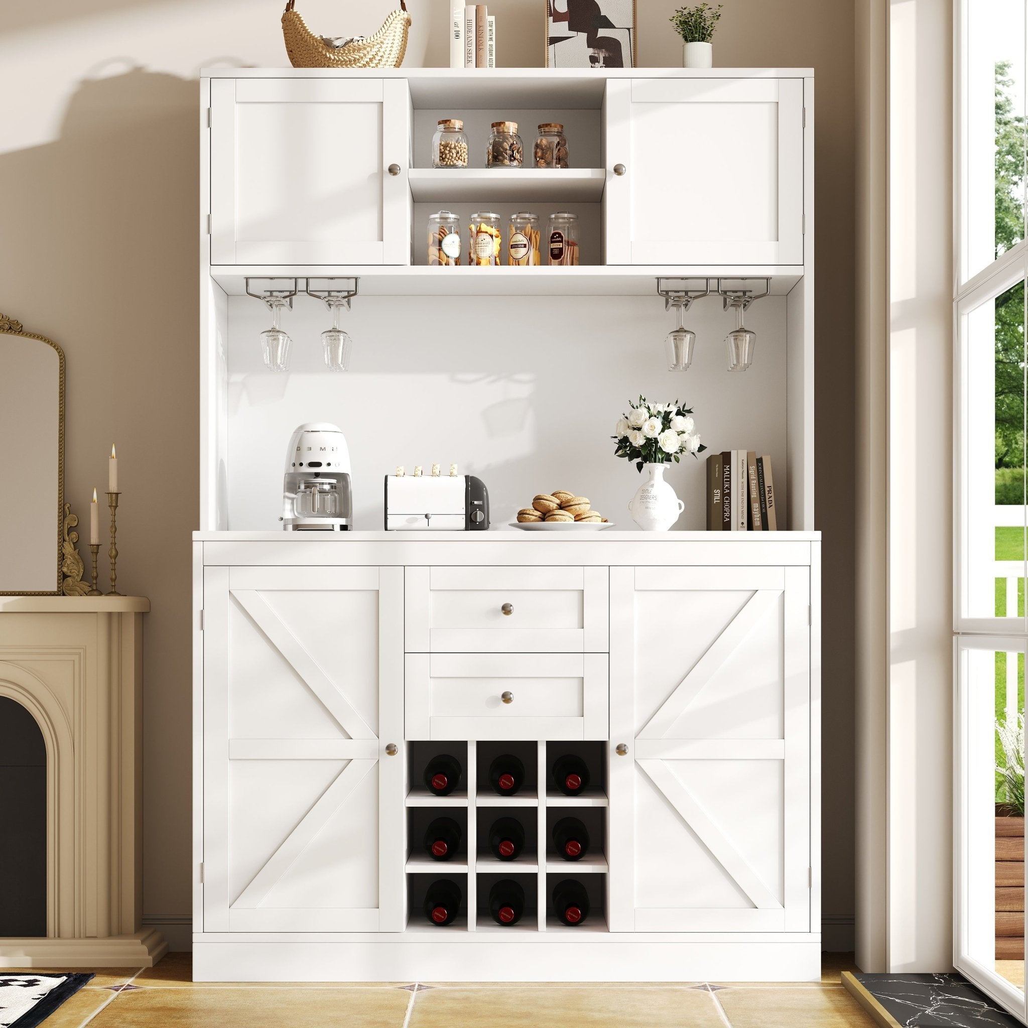 Kitchen Cabinet With Adjustable Shelves & Wine Rack, Tall Kitchen Cabinet With 4 Doors & 2 Drawers, Sideboard For Kitchen & Living Room, Buffet Cabinet, White Balck - luna livingKitchen Cabinet With Adjustable Shelves & Wine Rack, Tall Kitchen Cabinet With 4 Doors & 2 Drawers, Sideboard For Kitchen & Living Room, Buffet Cabinet, White Balck