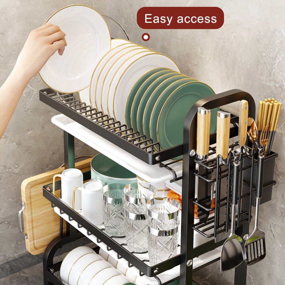3 Tier Dish Drainer Rack With Drip Tray Cutlery Holder Plate Rack Kitchen Sink - luna living3 Tier Dish Drainer Rack With Drip Tray Cutlery Holder Plate Rack Kitchen Sink