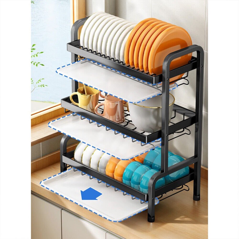 3 Tier Dish Drainer Rack With Drip Tray Cutlery Holder Plate Rack Kitchen Sink - luna living3 Tier Dish Drainer Rack With Drip Tray Cutlery Holder Plate Rack Kitchen Sink