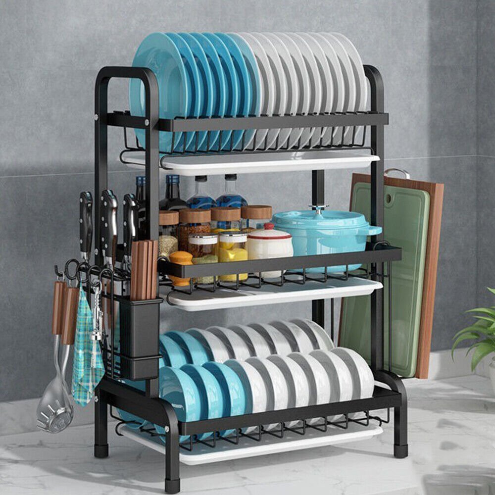 3 Tier Dish Drainer Rack With Drip Tray Cutlery Holder Plate Rack Kitchen Sink - luna living3 Tier Dish Drainer Rack With Drip Tray Cutlery Holder Plate Rack Kitchen Sink