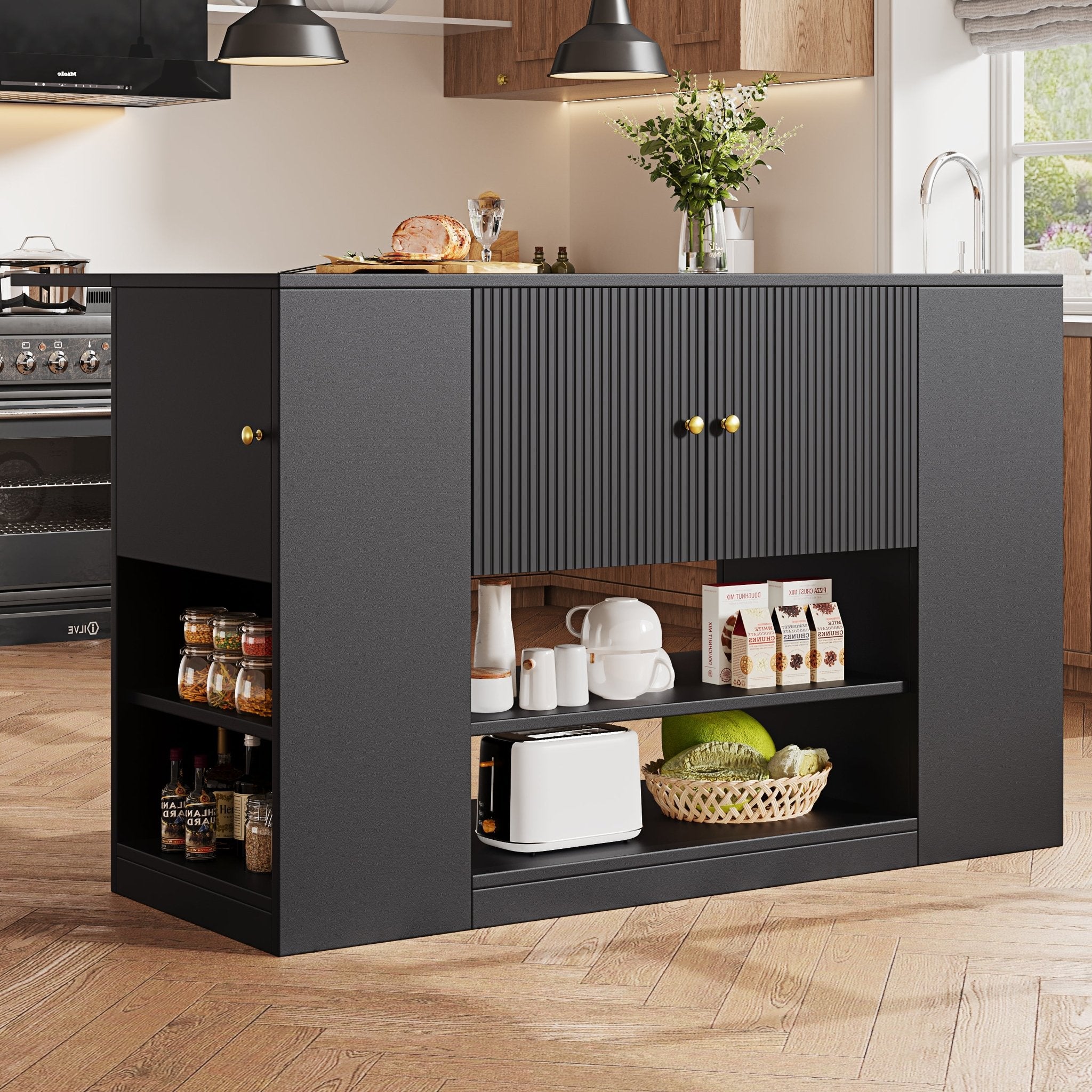 Modern Kitchen Island, Sideboard, Kitchen Cabinet With Drawers And Shelves, Sideboard For Kitchen & Dining Room, Black - luna livingModern Kitchen Island, Sideboard, Kitchen Cabinet With Drawers And Shelves, Sideboard For Kitchen & Dining Room, Black