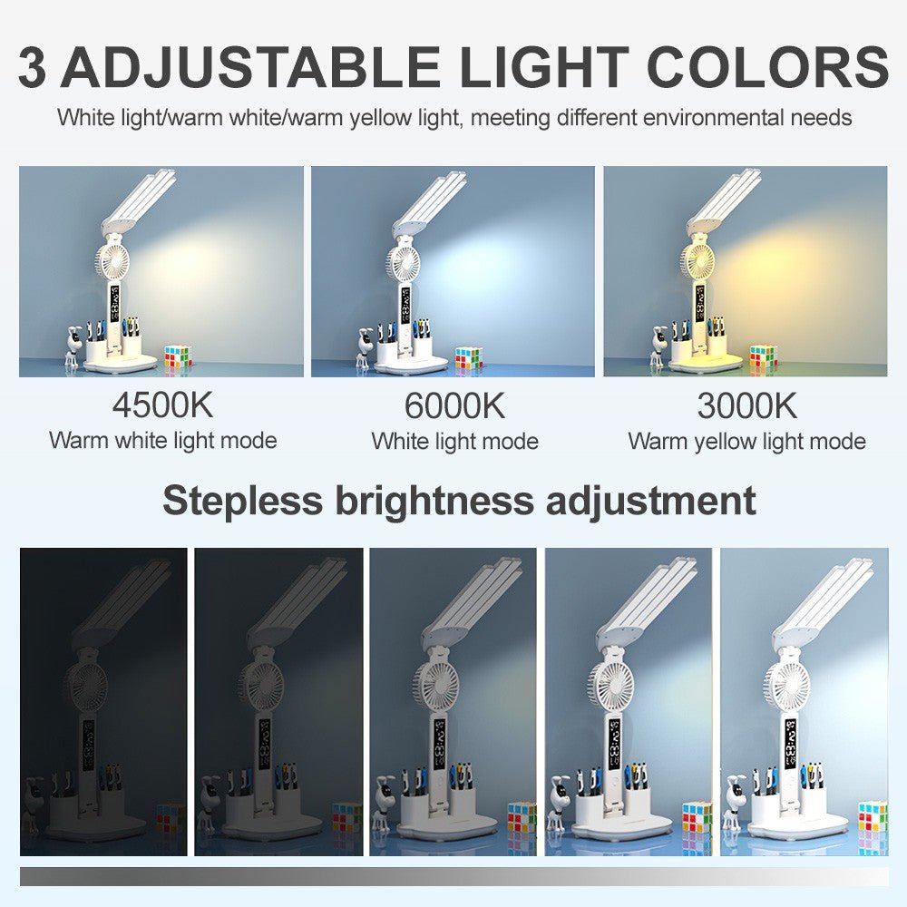 4-Head LED Desk Reading Lamp With Fan Clock Dimmable Rechargeable Touch Light - luna living4-Head LED Desk Reading Lamp With Fan Clock Dimmable Rechargeable Touch Light