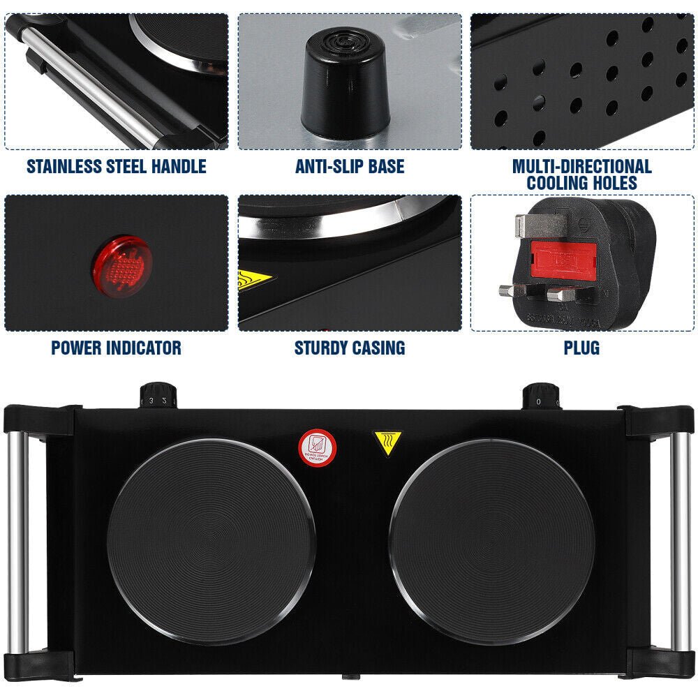 2000W Electric Cooker Double Hob Hot Plate Stove W Handle Table Hob Kitchen - luna living2000W Electric Cooker Double Hob Hot Plate Stove W Handle Table Hob Kitchen