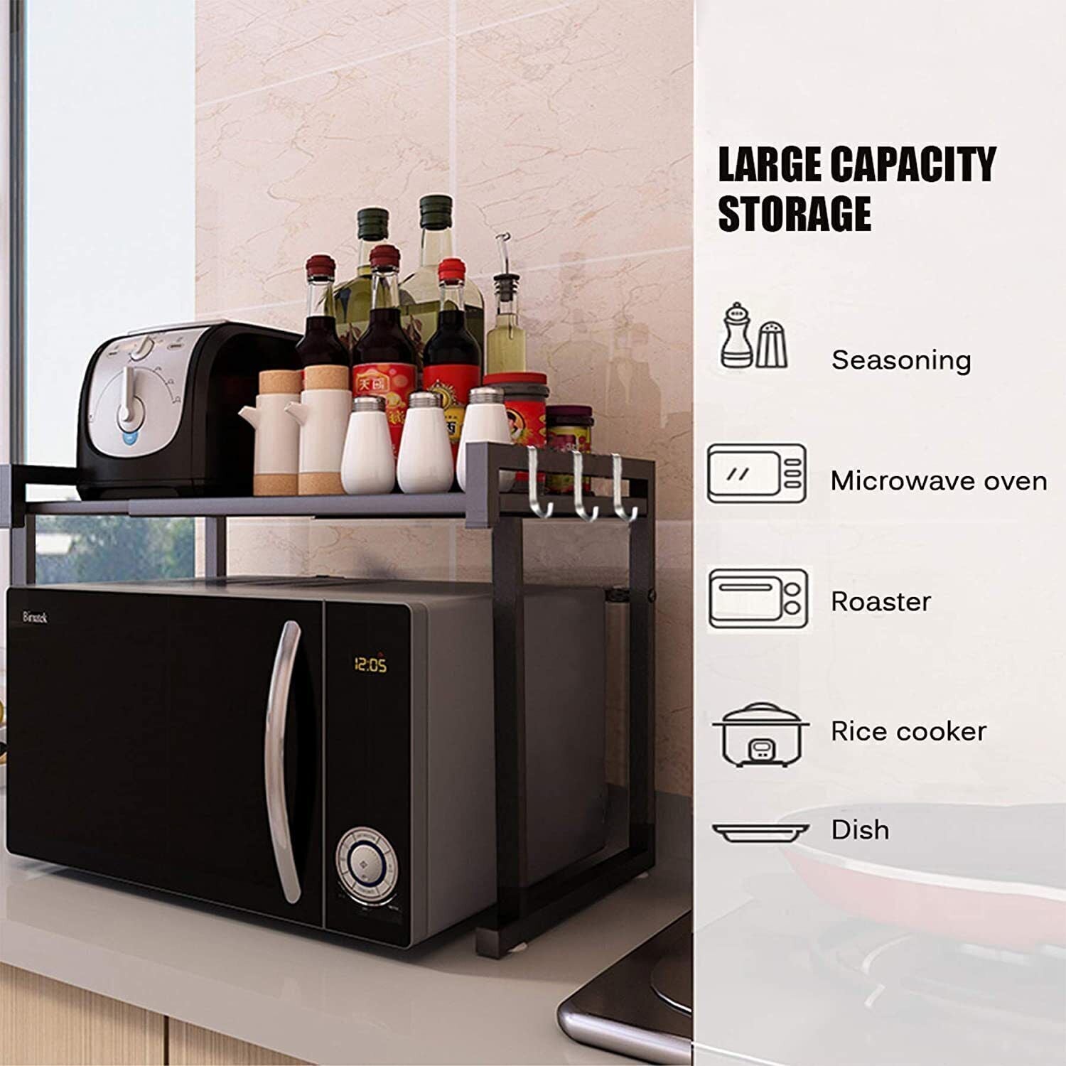 Black Single-layer Double Bar With 6 Hooks And Extendable Kitchen Storage Rack - luna livingBlack Single-layer Double Bar With 6 Hooks And Extendable Kitchen Storage Rack