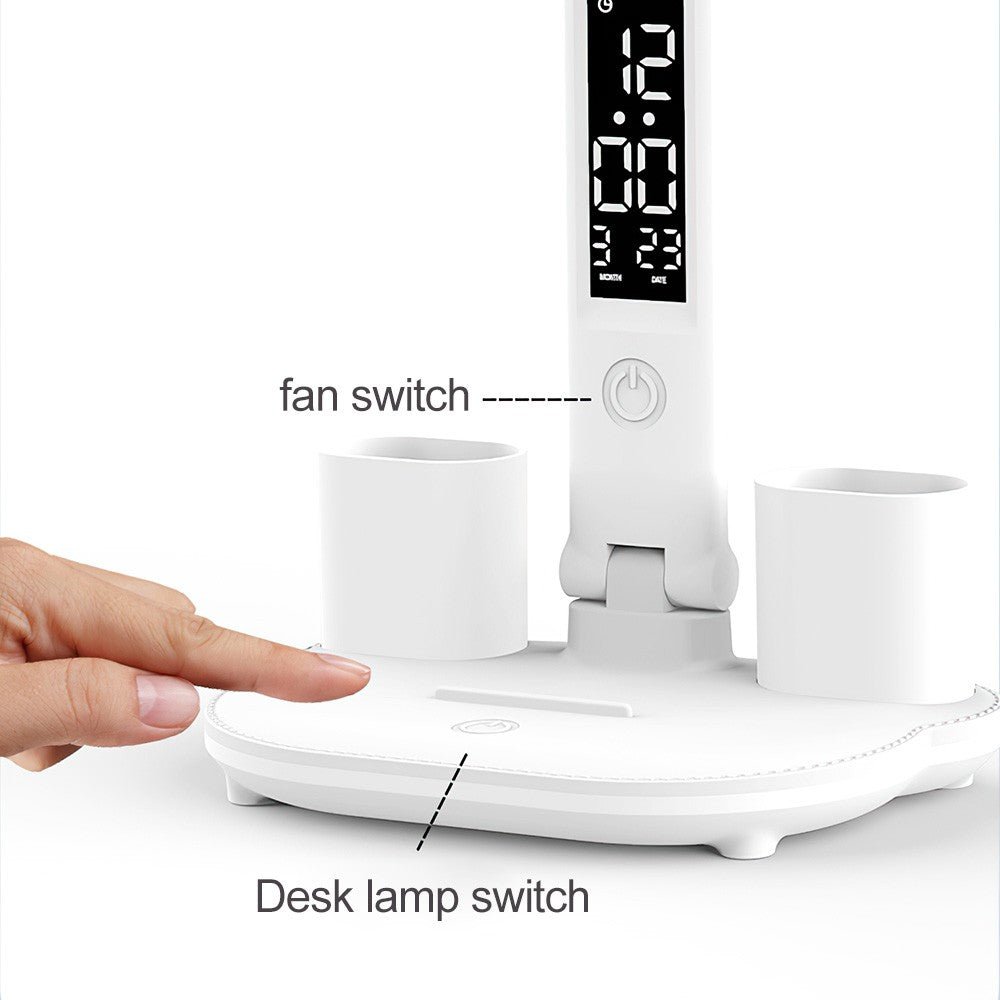 4-Head LED Desk Reading Lamp With Fan Clock Dimmable Rechargeable Touch Light - luna living4-Head LED Desk Reading Lamp With Fan Clock Dimmable Rechargeable Touch Light