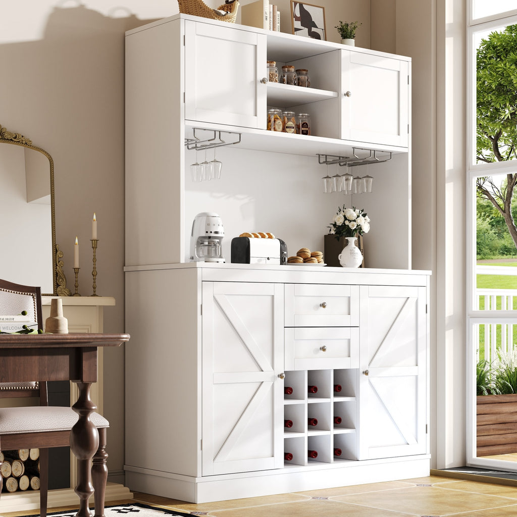 Kitchen Cabinet With Adjustable Shelves & Wine Rack, Tall Kitchen Cabinet With 4 Doors & 2 Drawers, Sideboard For Kitchen & Living Room, Buffet Cabinet, White Balck - luna livingKitchen Cabinet With Adjustable Shelves & Wine Rack, Tall Kitchen Cabinet With 4 Doors & 2 Drawers, Sideboard For Kitchen & Living Room, Buffet Cabinet, White Balck