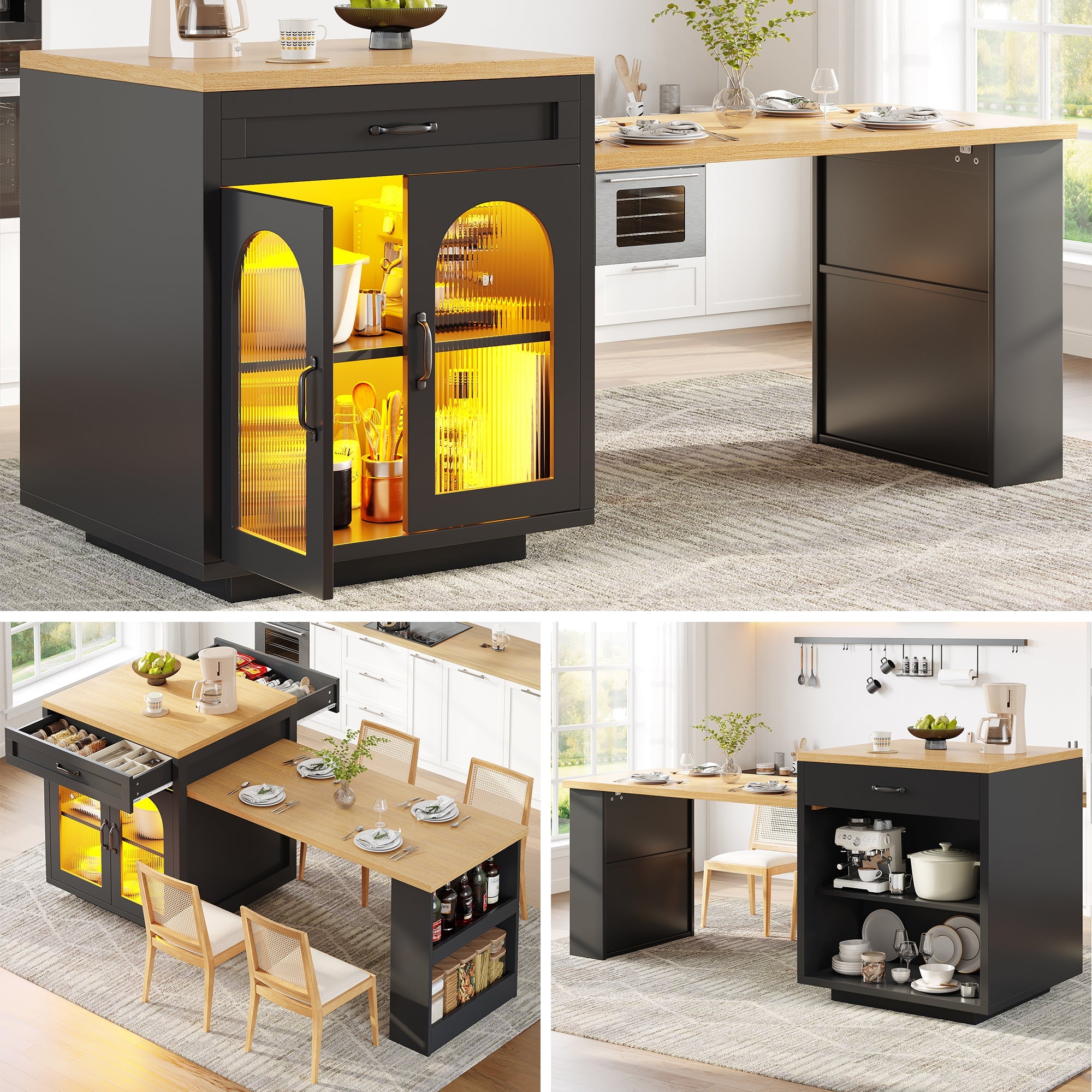 Extendable Kitchen Island With LED Lighting, Modern Storage Cabinet With 2 Drawers & Adjustable Shelves, Kitchen Sideboard With Fluted Glass Doors, MDF Kitchen Countertop For Dining Room - luna livingExtendable Kitchen Island With LED Lighting, Modern Storage Cabinet With 2 Drawers & Adjustable Shelves, Kitchen Sideboard With Fluted Glass Doors, MDF Kitchen Countertop For Dining Room