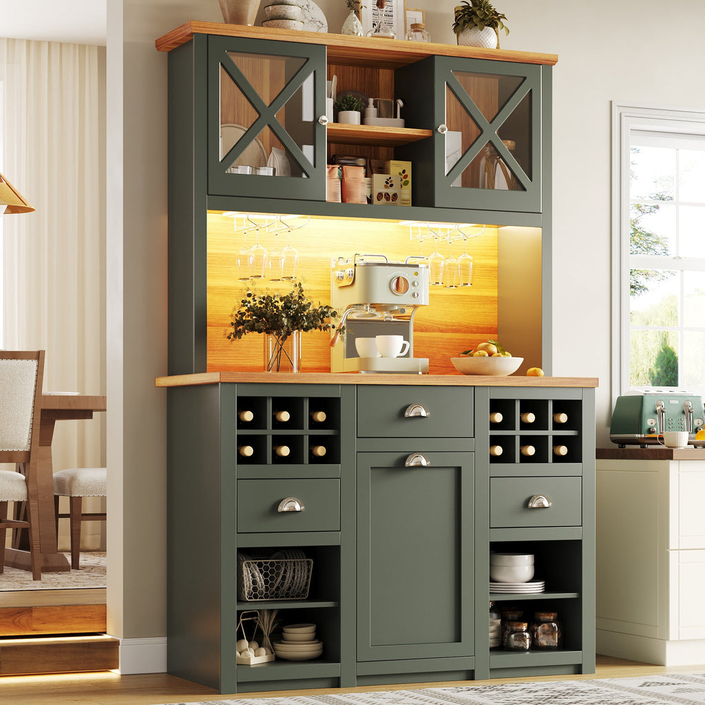 Kitchen Cabinets 120 X 45 X 188 Cm, Tall Kitchen Cabinets, Sideboards, Kitchen Cabinets With Glass Doors And LED Lighting, Side Cabinet With Wine Rack, Adjustable Shelves, Green - luna livingKitchen Cabinets 120 X 45 X 188 Cm, Tall Kitchen Cabinets, Sideboards, Kitchen Cabinets With Glass Doors And LED Lighting, Side Cabinet With Wine Rack, Adjustable Shelves, Green