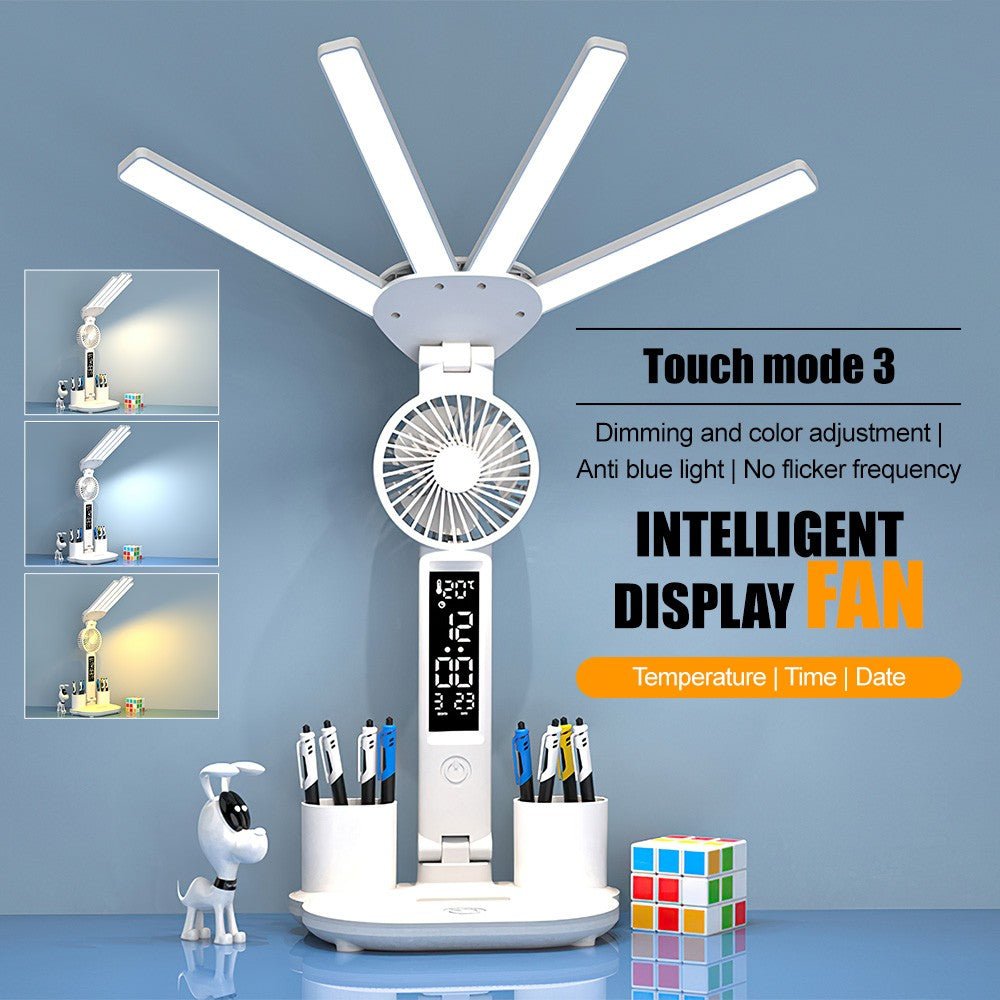 4-Head LED Desk Reading Lamp With Fan Clock Dimmable Rechargeable Touch Light - luna living4-Head LED Desk Reading Lamp With Fan Clock Dimmable Rechargeable Touch Light