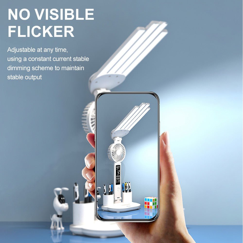 4-Head LED Desk Reading Lamp With Fan Clock Dimmable Rechargeable Touch Light - luna living4-Head LED Desk Reading Lamp With Fan Clock Dimmable Rechargeable Touch Light
