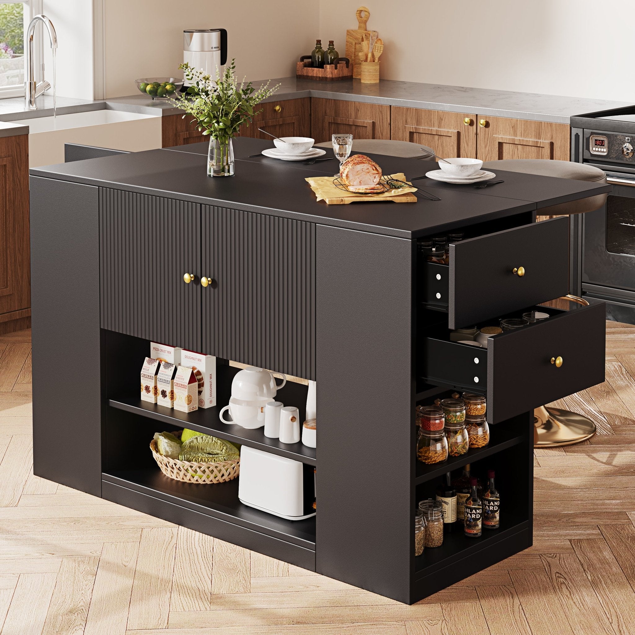 Modern Kitchen Island, Sideboard, Kitchen Cabinet With Drawers And Shelves, Sideboard For Kitchen & Dining Room, Black - luna livingModern Kitchen Island, Sideboard, Kitchen Cabinet With Drawers And Shelves, Sideboard For Kitchen & Dining Room, Black