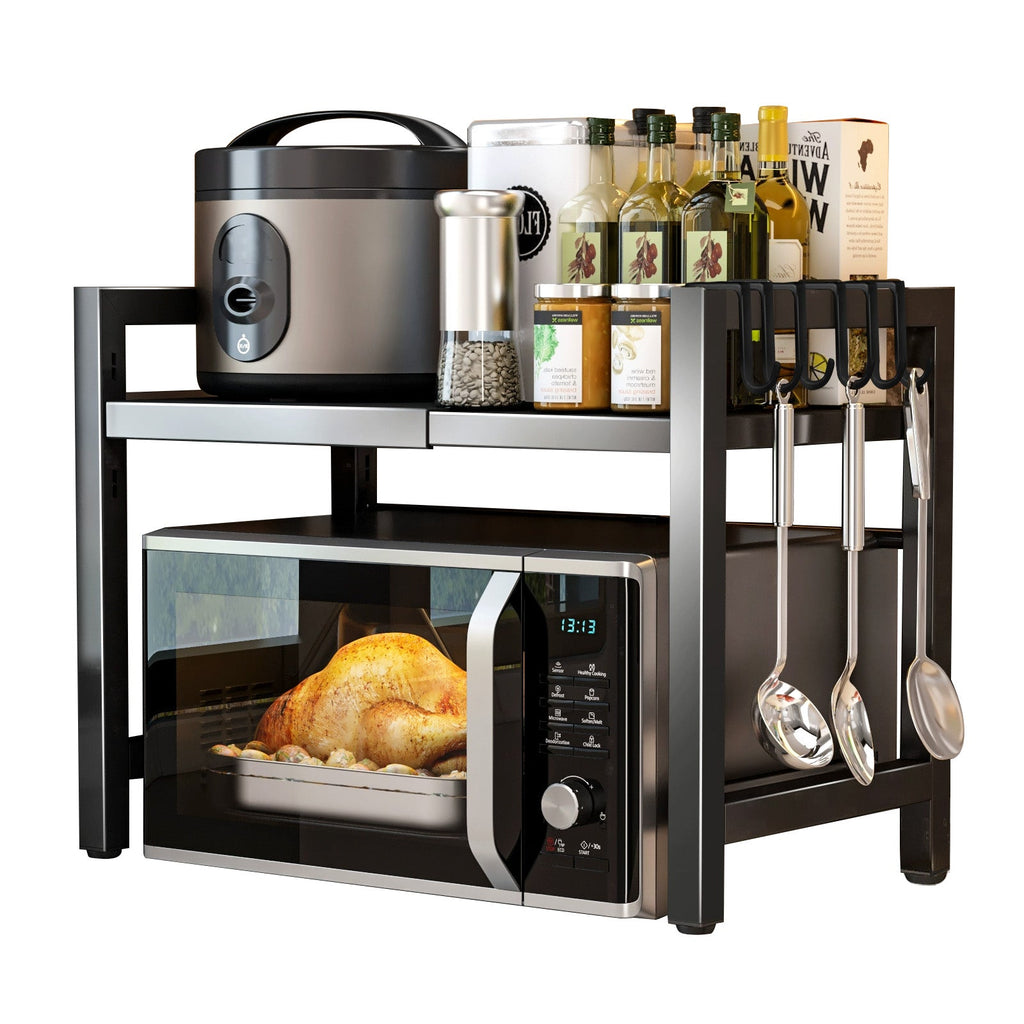Black Single-layer Double Bar With 6 Hooks And Extendable Kitchen Storage Rack - luna livingBlack Single-layer Double Bar With 6 Hooks And Extendable Kitchen Storage Rack