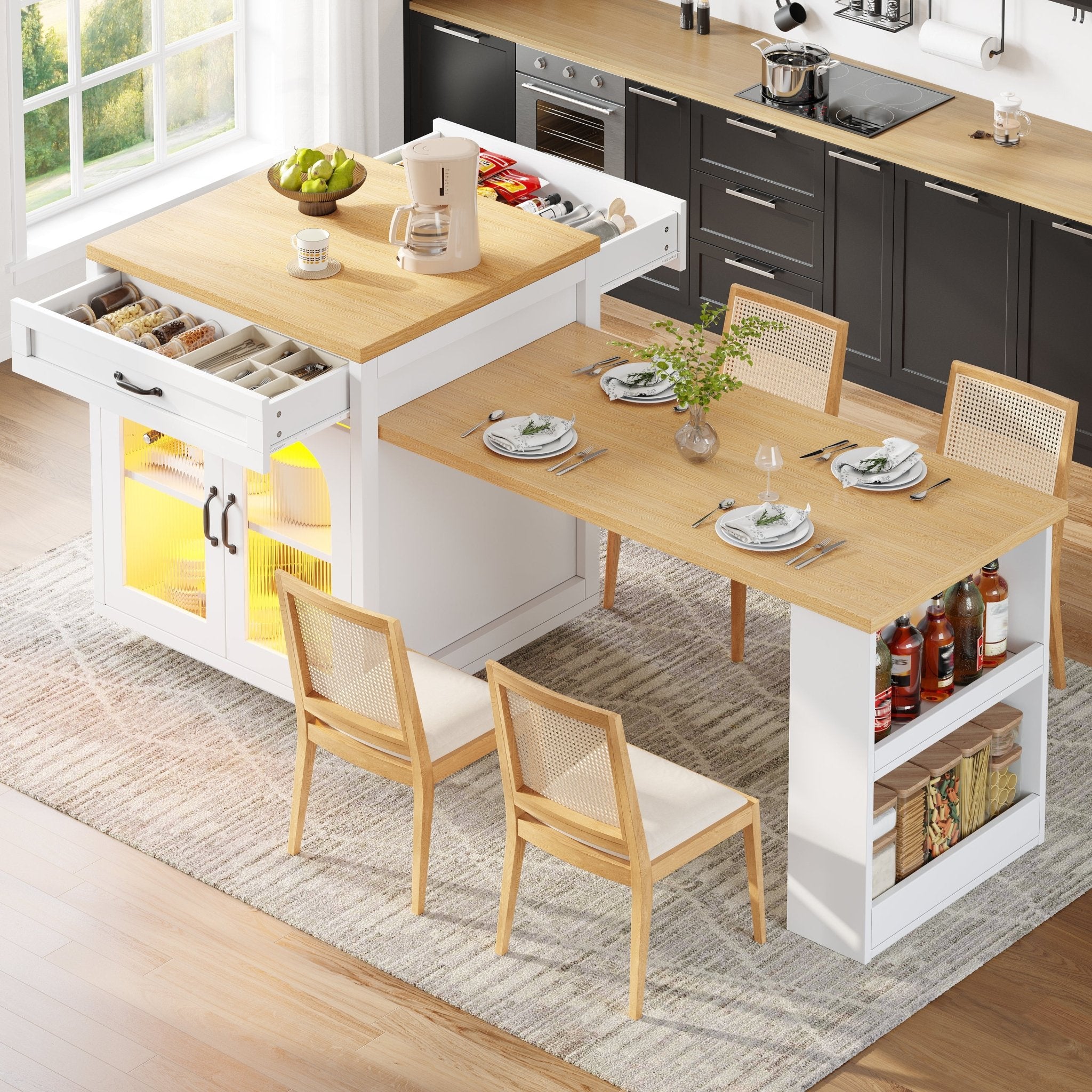 Extendable Kitchen Island With LED Lighting, Modern Storage Cabinet With 2 Drawers & Adjustable Shelves, Kitchen Sideboard With Fluted Glass Doors, MDF Kitchen Countertop For Dining Room - luna livingExtendable Kitchen Island With LED Lighting, Modern Storage Cabinet With 2 Drawers & Adjustable Shelves, Kitchen Sideboard With Fluted Glass Doors, MDF Kitchen Countertop For Dining Room