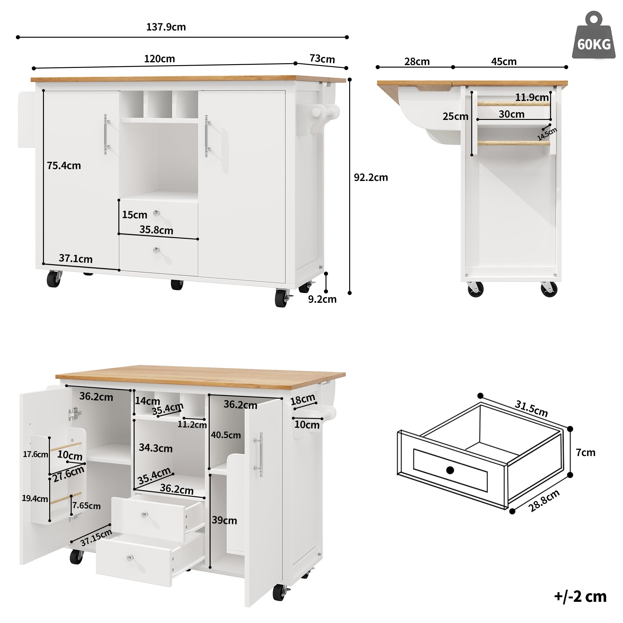 Kitchen Cart, Buffet Cabinet, Kitchen Trolley With Folding Worktop, Kitchen Island With Towel Rack And Spice Rack, Wine Rack And Adjustable Shelves, White - luna livingKitchen Cart, Buffet Cabinet, Kitchen Trolley With Folding Worktop, Kitchen Island With Towel Rack And Spice Rack, Wine Rack And Adjustable Shelves, White