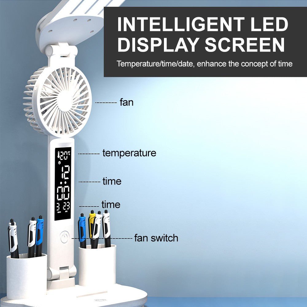 4-Head LED Desk Reading Lamp With Fan Clock Dimmable Rechargeable Touch Light - luna living4-Head LED Desk Reading Lamp With Fan Clock Dimmable Rechargeable Touch Light