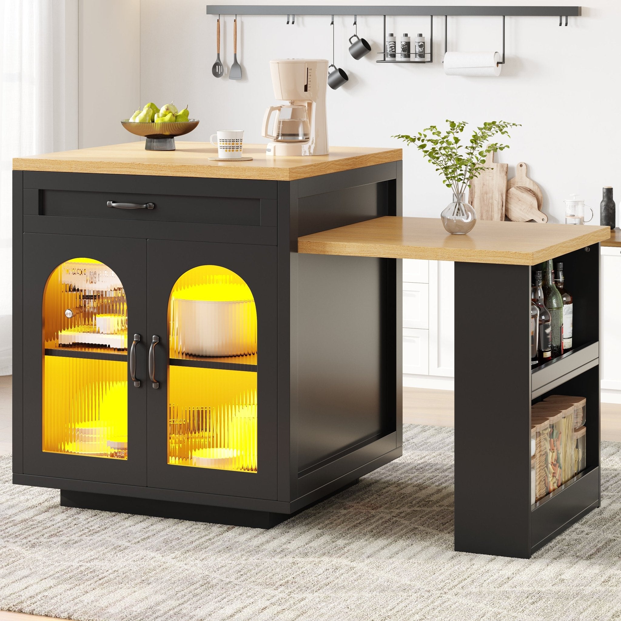 Extendable Kitchen Island With LED Lighting, Modern Storage Cabinet With 2 Drawers & Adjustable Shelves, Kitchen Sideboard With Fluted Glass Doors, MDF Kitchen Countertop For Dining Room - luna livingExtendable Kitchen Island With LED Lighting, Modern Storage Cabinet With 2 Drawers & Adjustable Shelves, Kitchen Sideboard With Fluted Glass Doors, MDF Kitchen Countertop For Dining Room