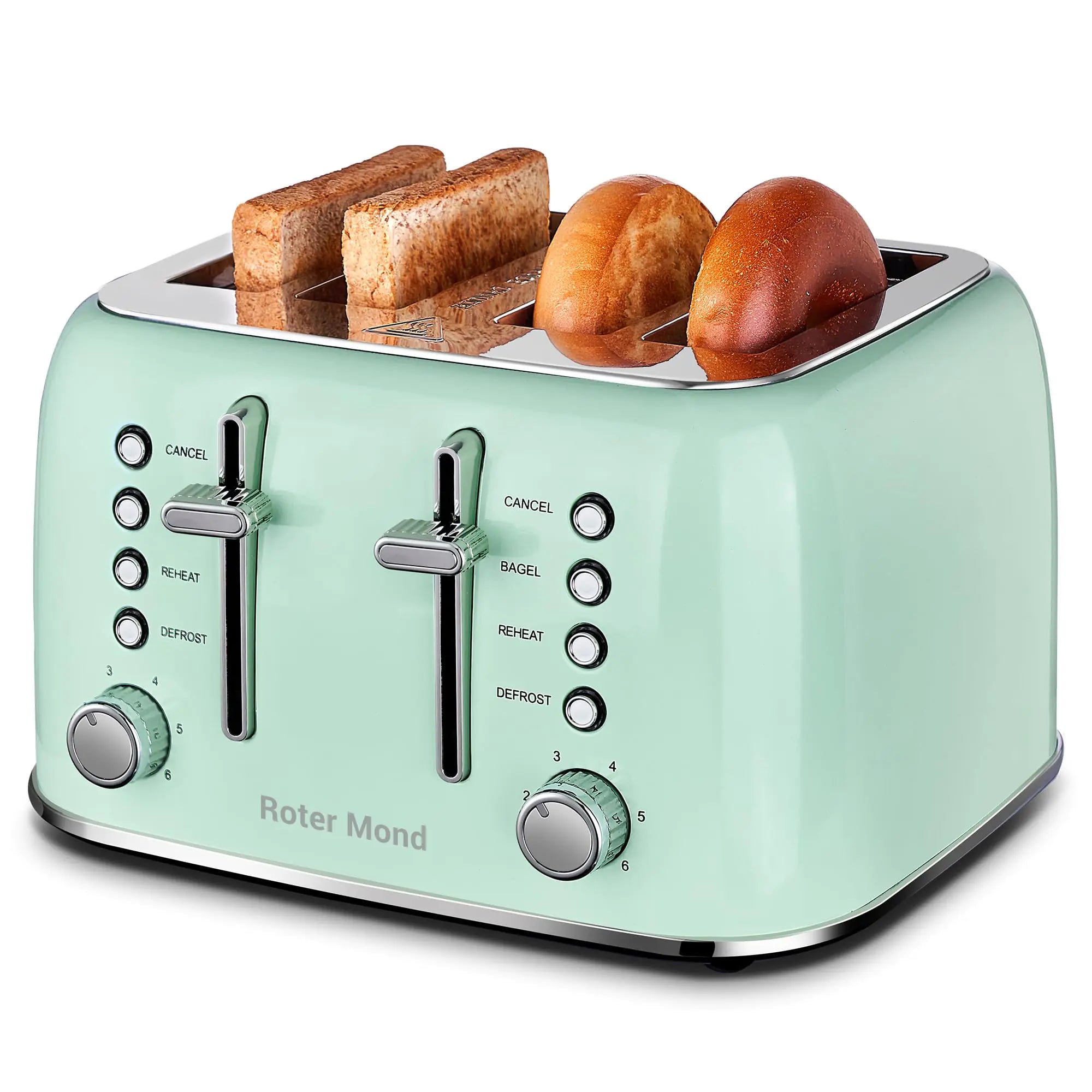 Toaster 4 Slice Roter Mond Retro Stainless Steel Toaster with Extra Wide Slots Bagel Defrost Reheat Function Dual Independent Control Panel Removable Crumb Tray 6 Browning Levels Aqua Green
